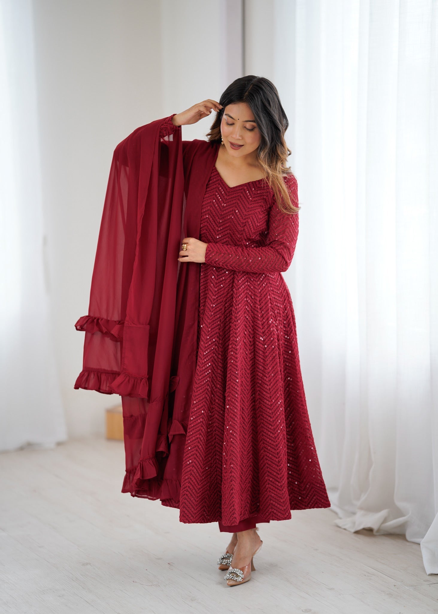 Lorenvalley Fashion Maroon Faux Georgette Lukhnowi Sequence Work Anarkali Kurta Pant With Dupatta Set 