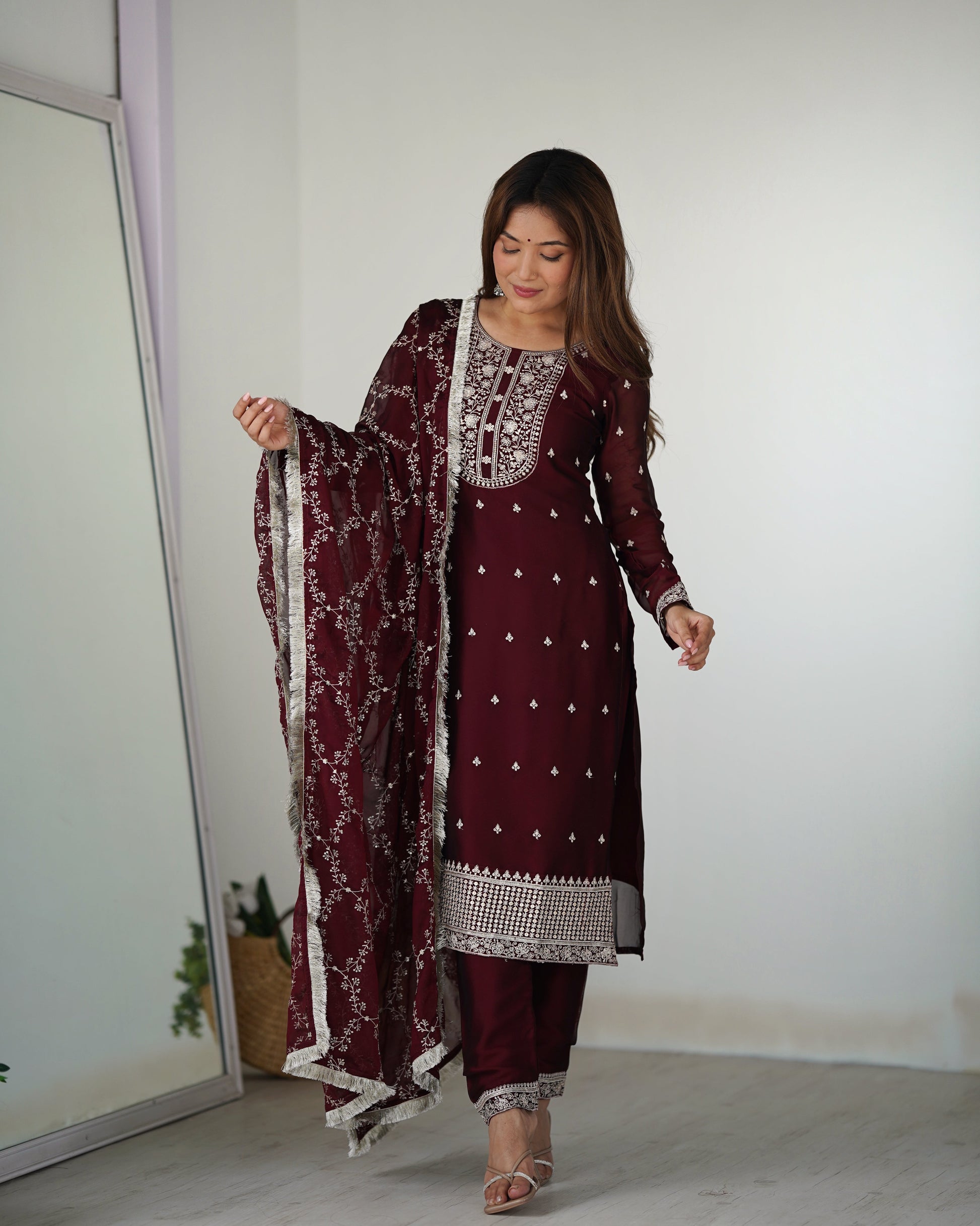 Lorenvalley Maroon Rangoli Silk Embroidery Sequence And Thread Work Kurta Trousers with Dupatta Set 