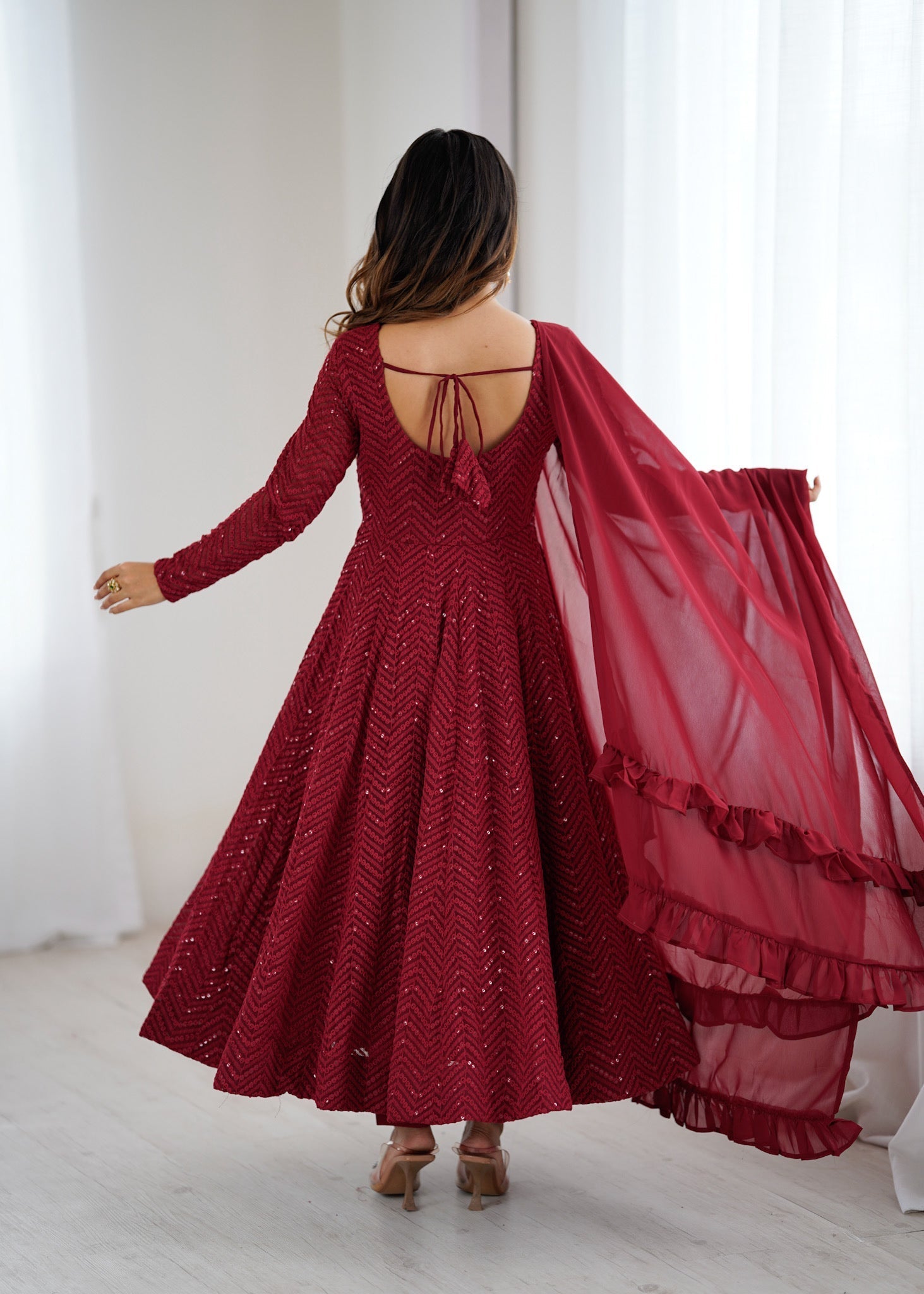 Lorenvalley Fashion Maroon Faux Georgette Lukhnowi Sequence Work Anarkali Kurta Pant With Dupatta Set 