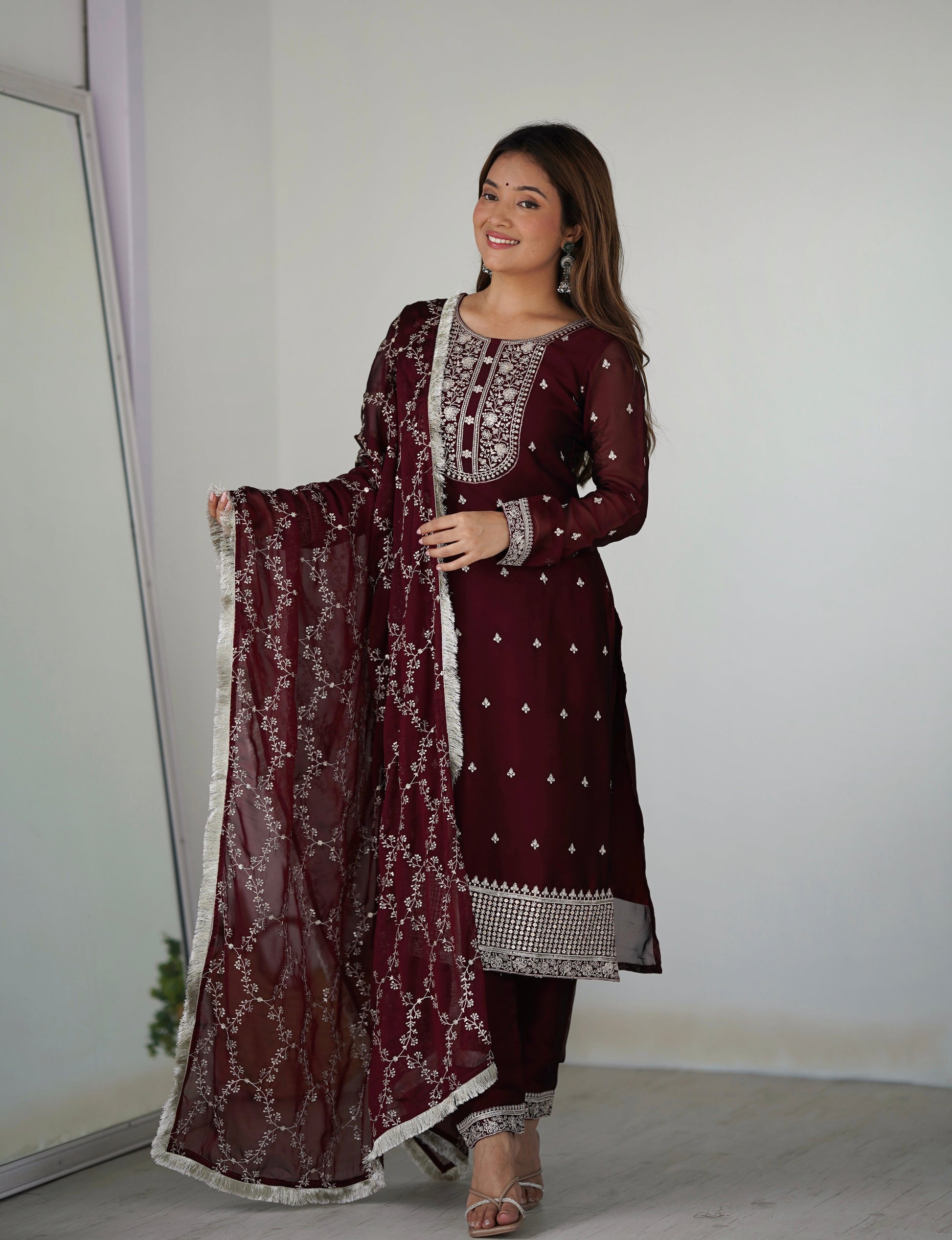Lorenvalley Maroon Rangoli Silk Embroidery Sequence And Thread Work Kurta Trousers with Dupatta Set 