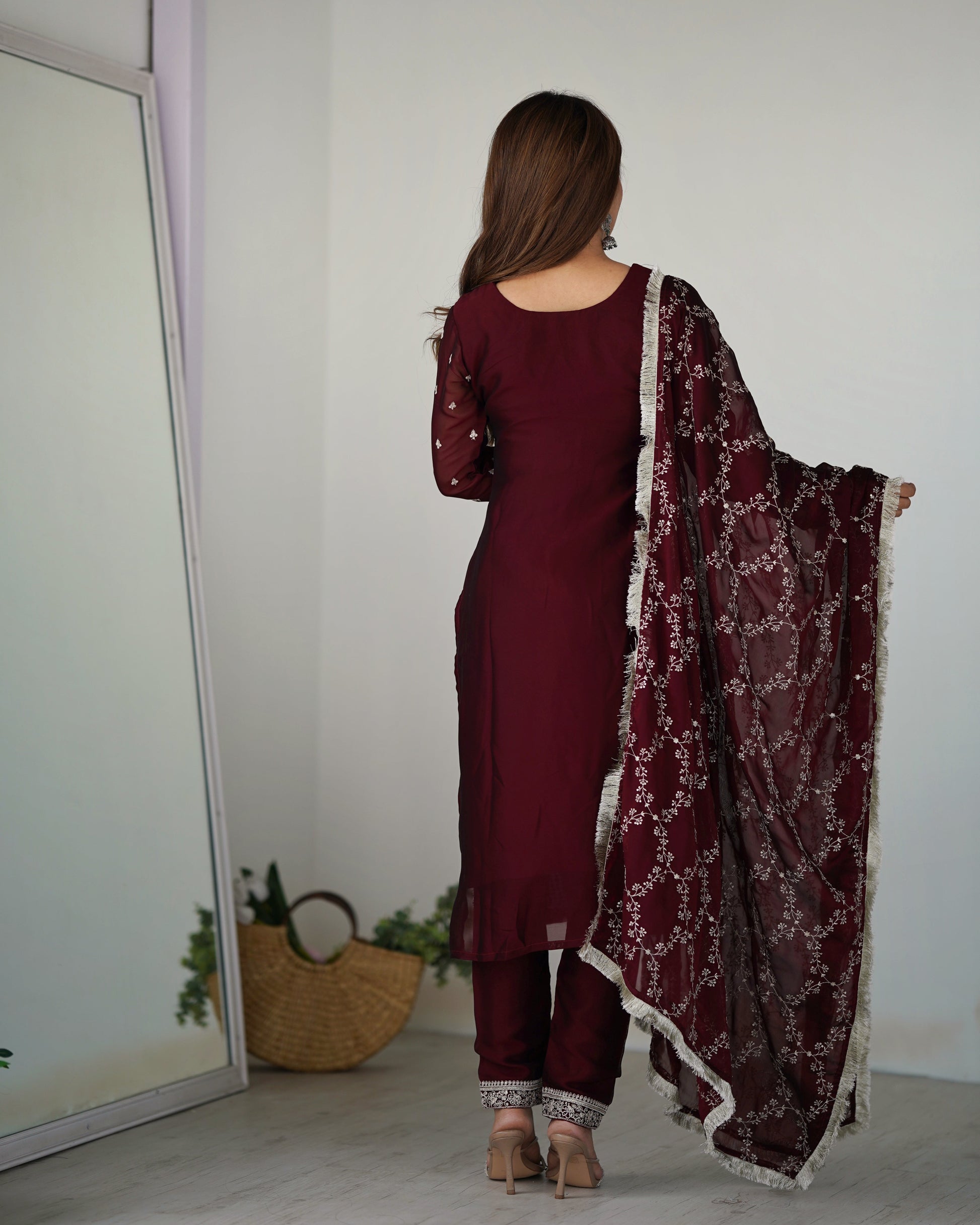 Lorenvalley Maroon Rangoli Silk Embroidery Sequence And Thread Work Kurta Trousers with Dupatta Set 