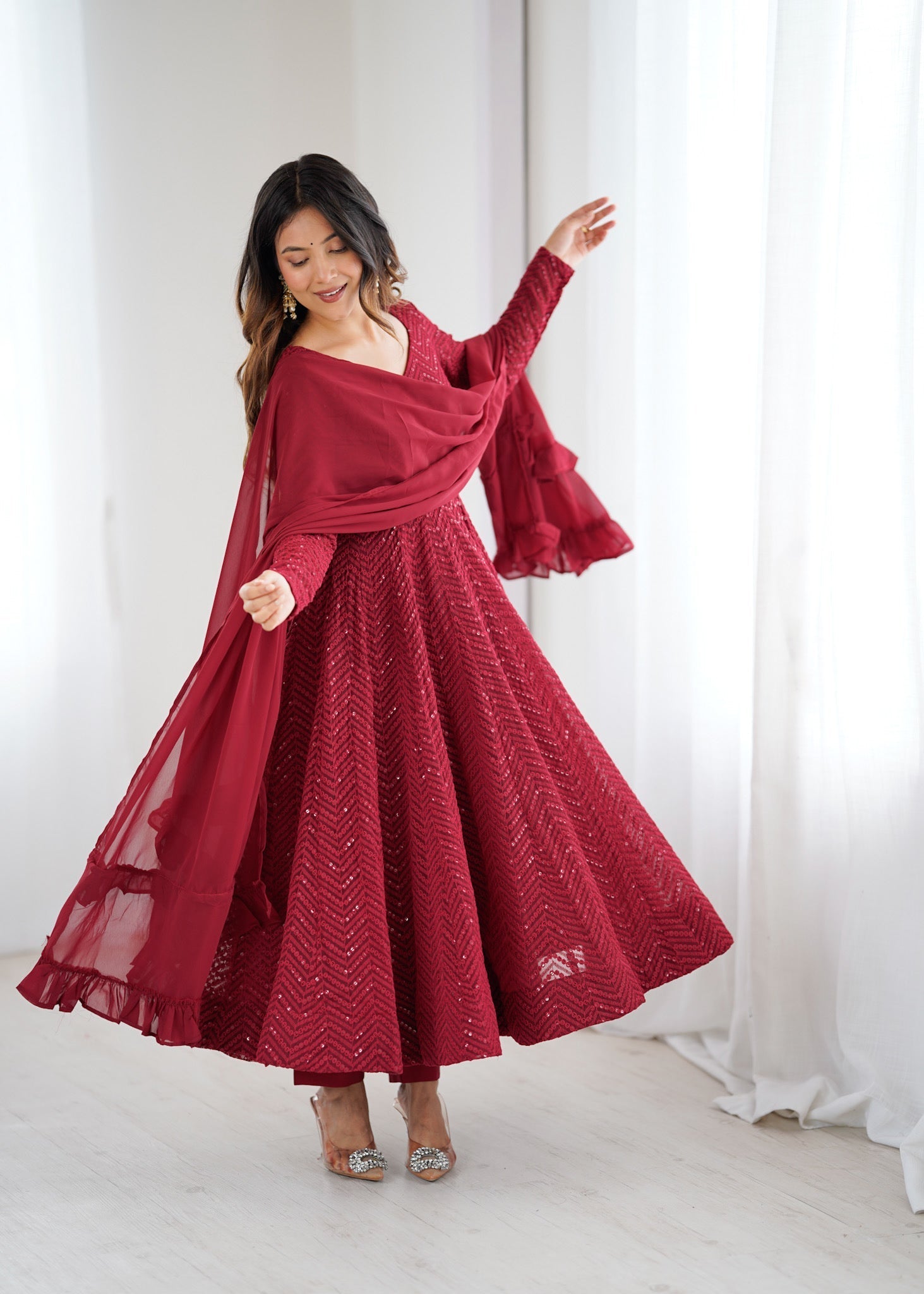 Lorenvalley Fashion Maroon Faux Georgette Lukhnowi Sequence Work Anarkali Kurta Pant With Dupatta Set 