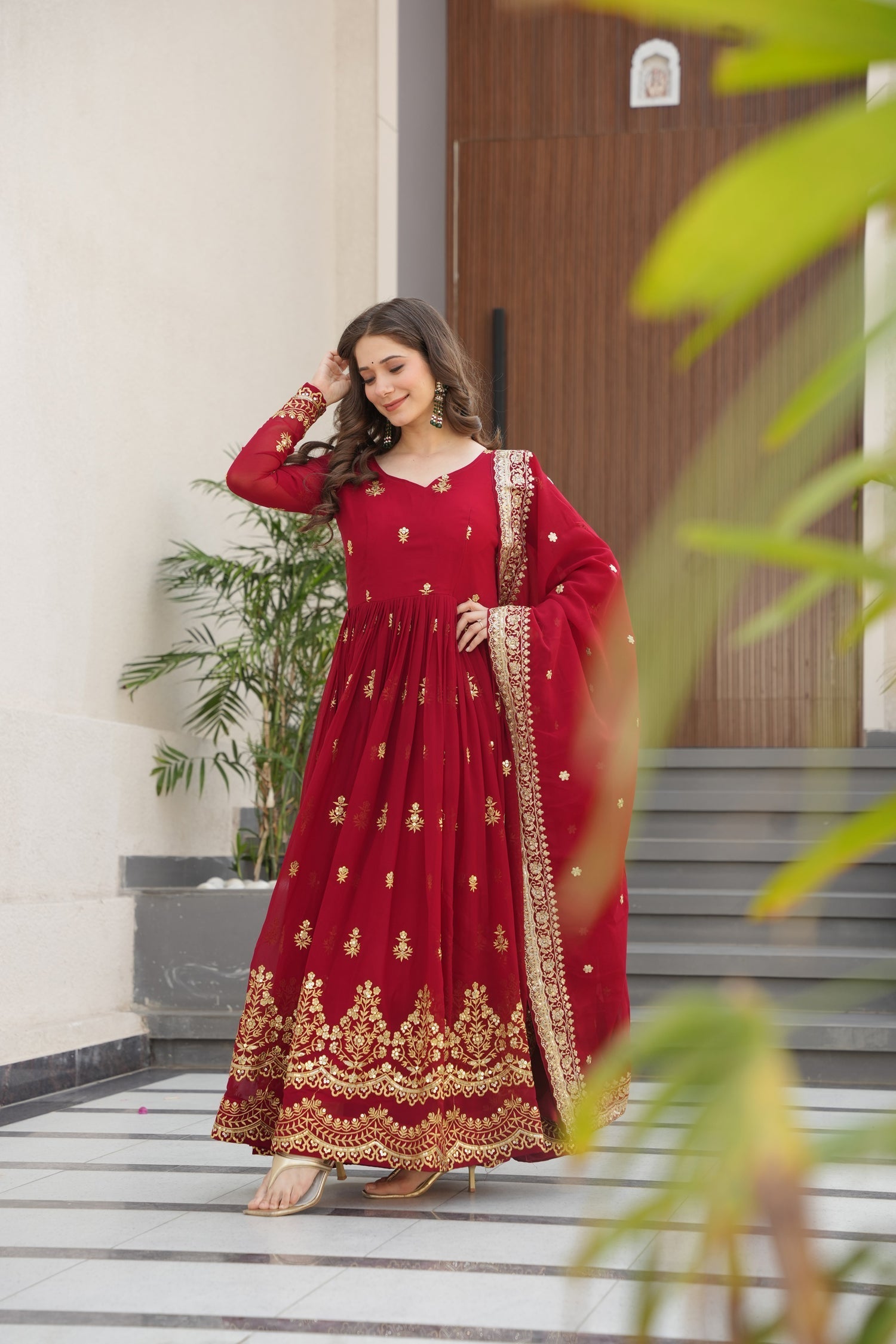 Lorenvalley Fashion Maroon Faux Georgette with Zari & Sequins Embroidered Work Anarkali Gown with Dupatta 