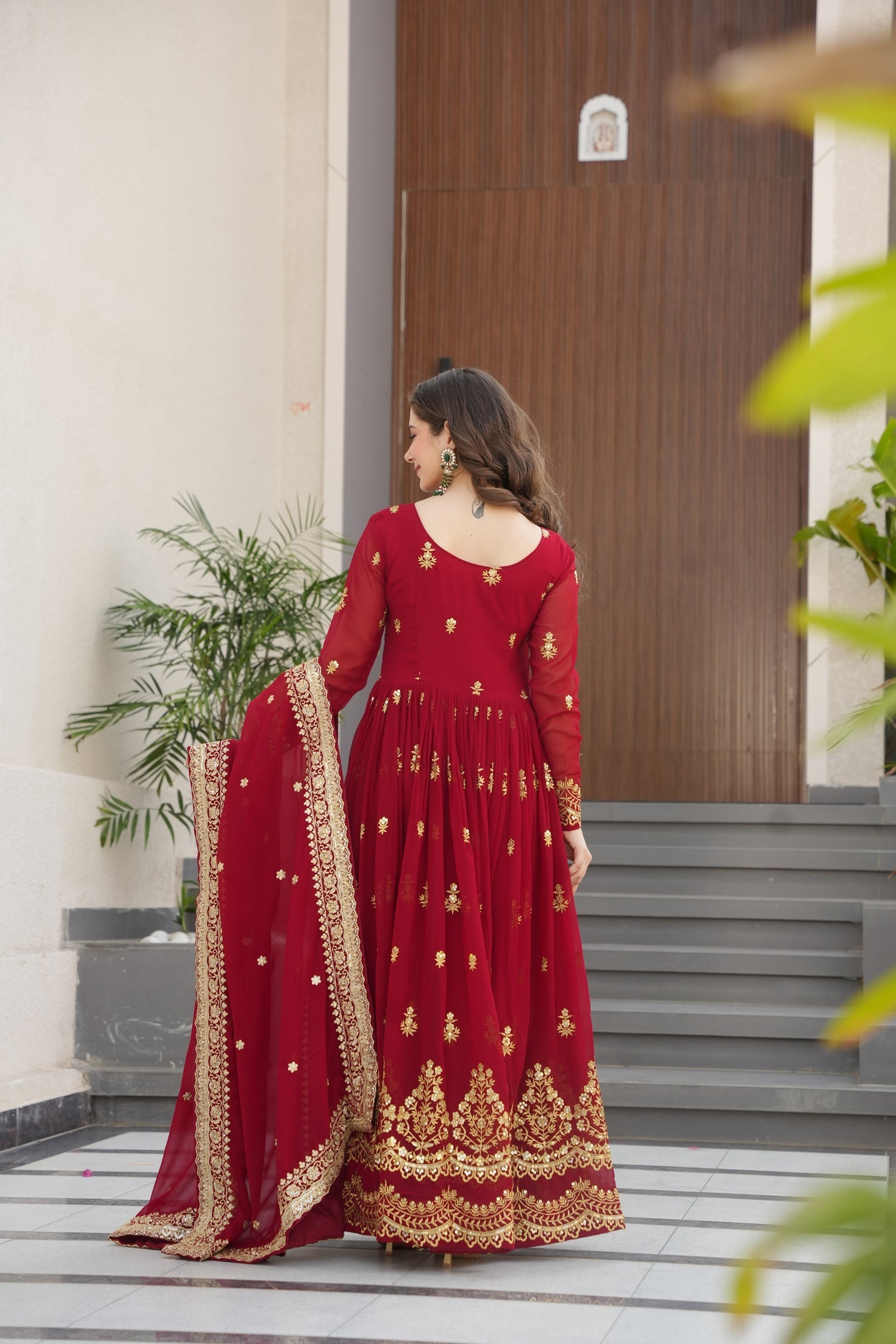 Lorenvalley Fashion Maroon Faux Georgette with Zari & Sequins Embroidered Work Anarkali Gown with Dupatta 