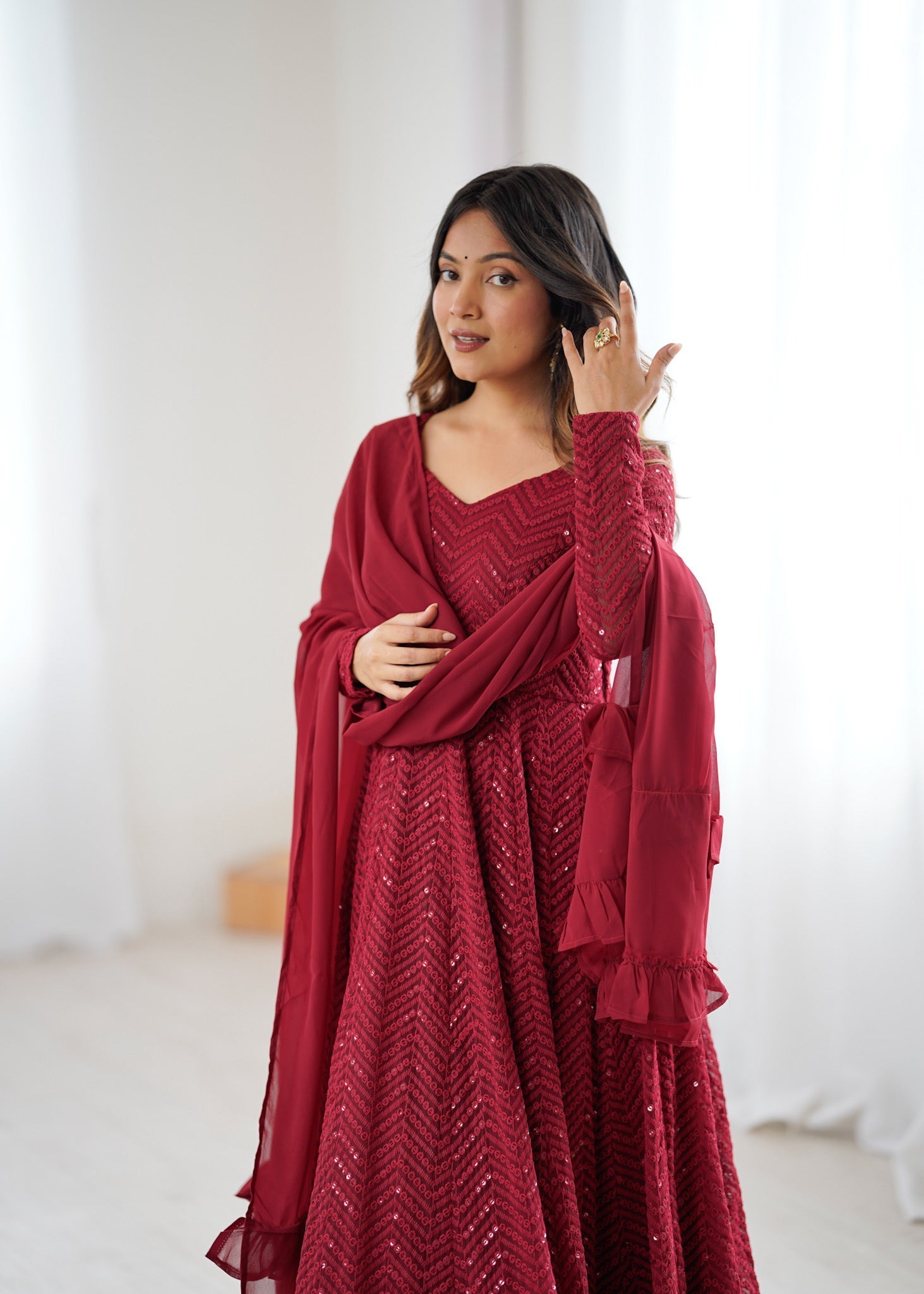Lorenvalley Fashion Maroon Faux Georgette Lukhnowi Sequence Work Anarkali Kurta Pant With Dupatta Set 