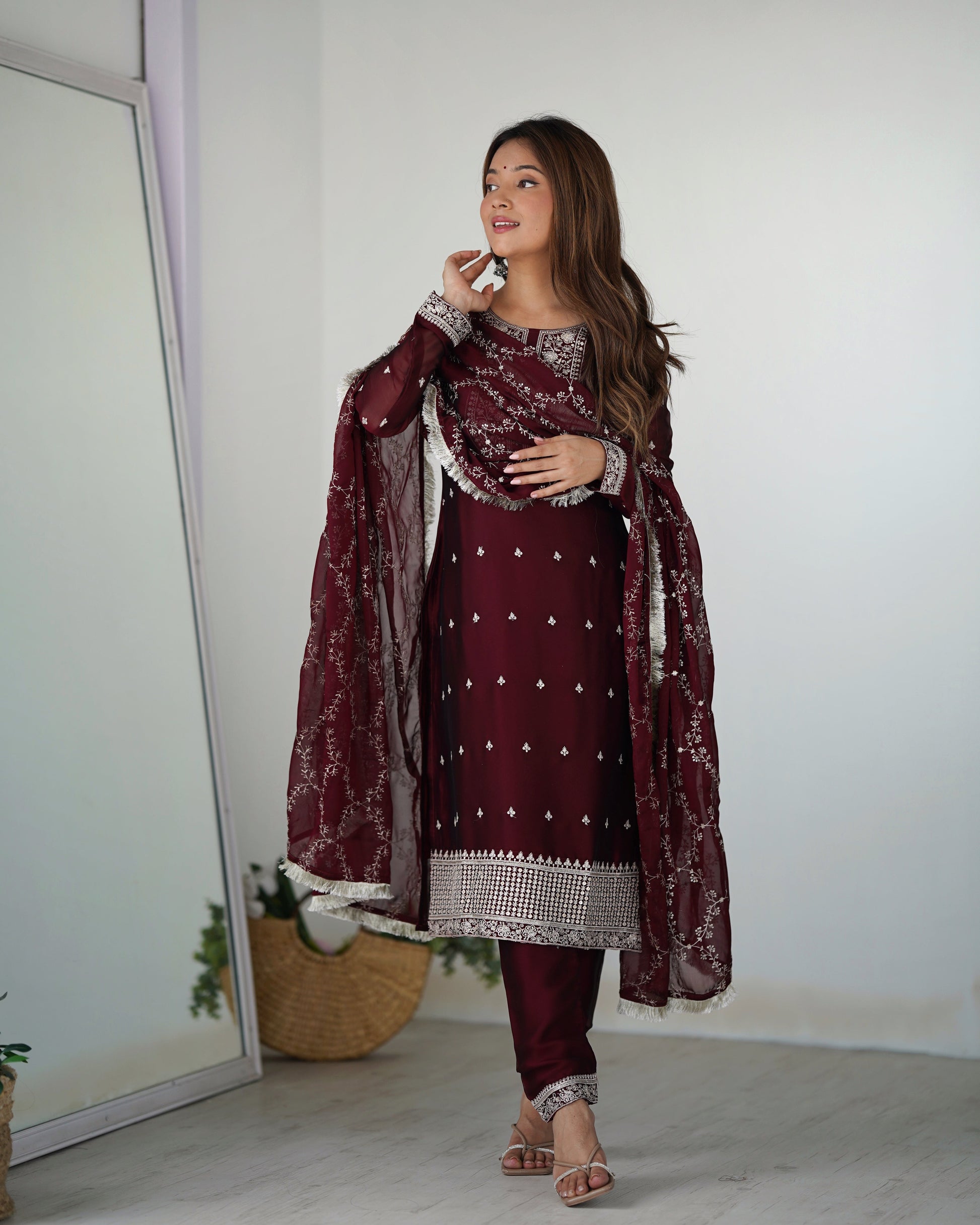 Lorenvalley Maroon Rangoli Silk Embroidery Sequence And Thread Work Kurta Trousers with Dupatta Set 