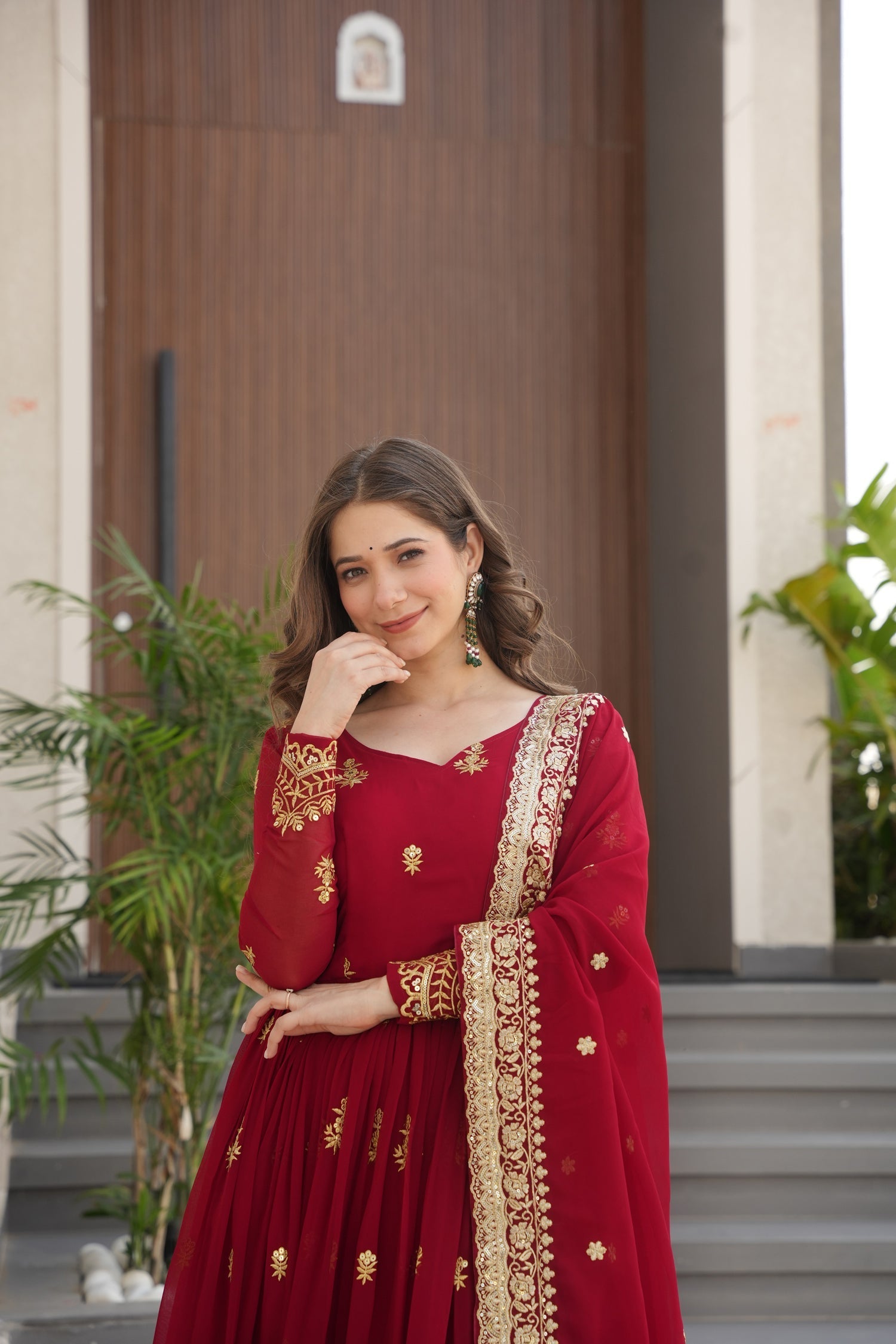 Lorenvalley Fashion Maroon Faux Georgette with Zari & Sequins Embroidered Work Anarkali Gown with Dupatta 