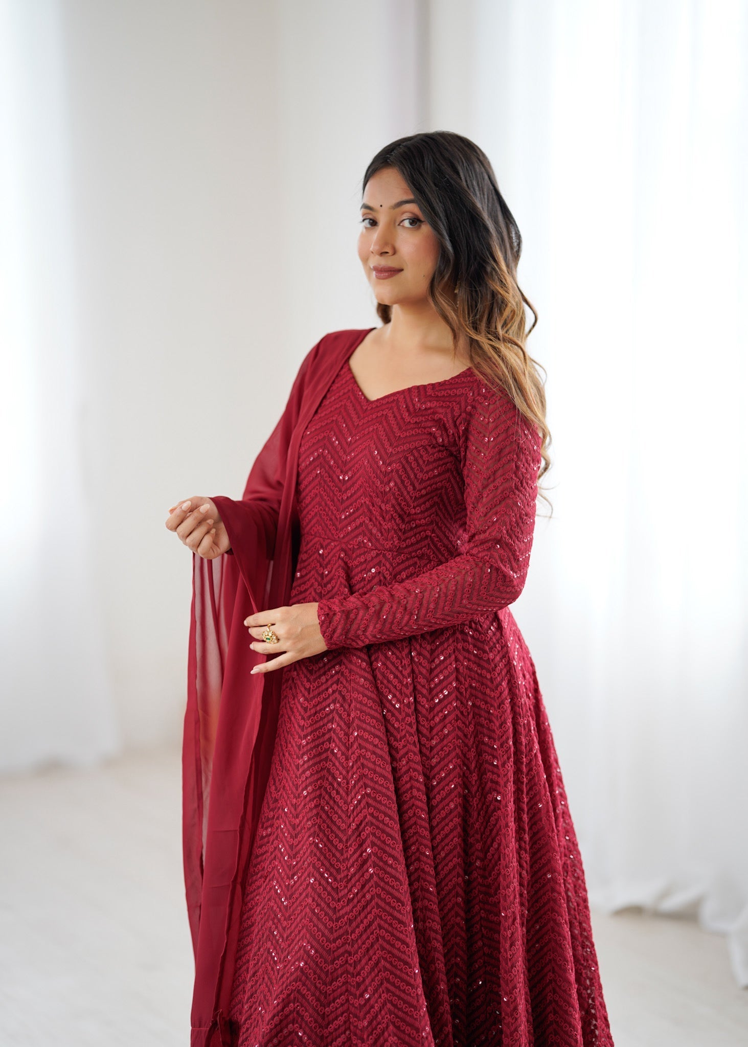 Lorenvalley Fashion Maroon Faux Georgette Lukhnowi Sequence Work Anarkali Kurta Pant With Dupatta Set 