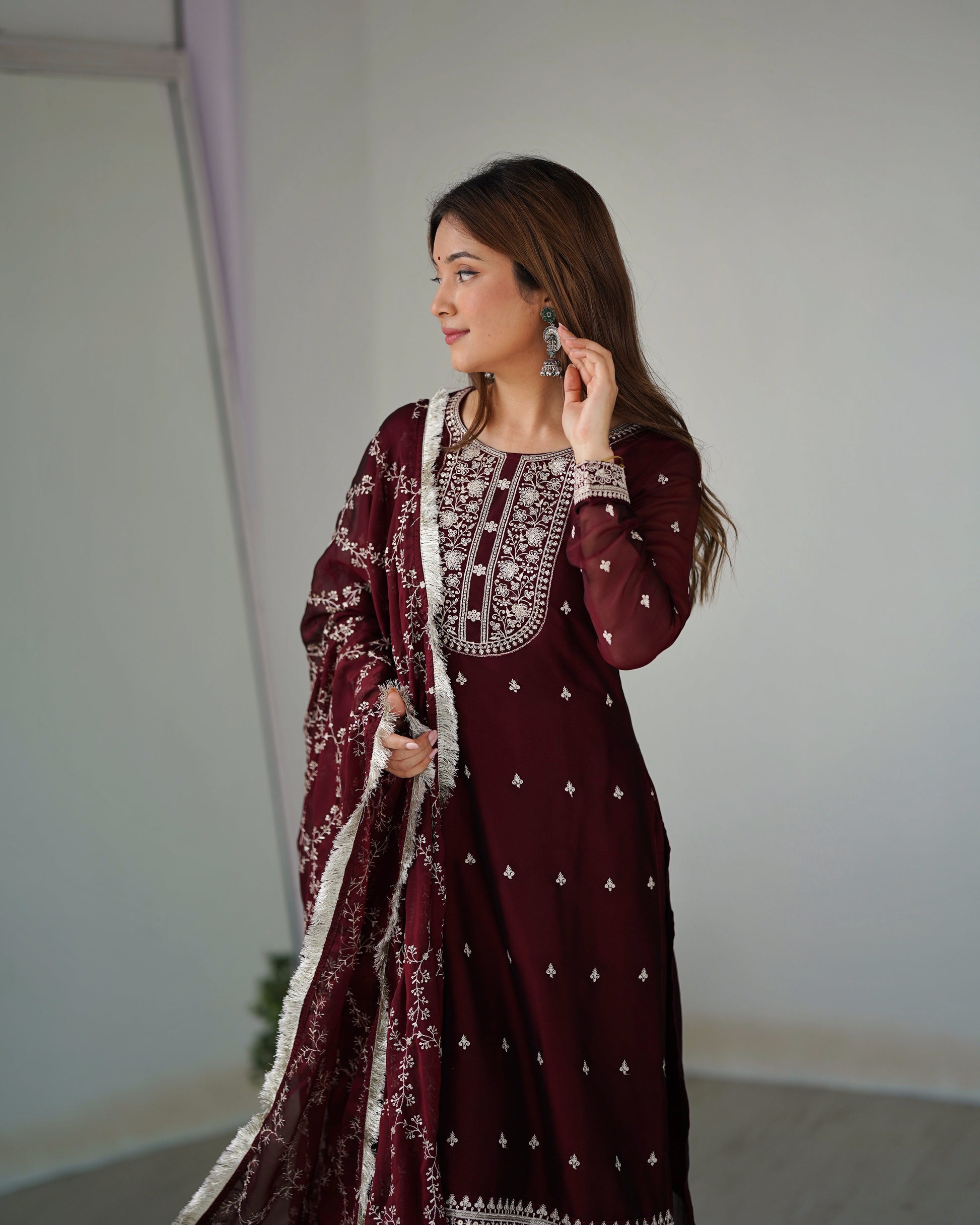 Lorenvalley Maroon Rangoli Silk Embroidery Sequence And Thread Work Kurta Trousers with Dupatta Set 
