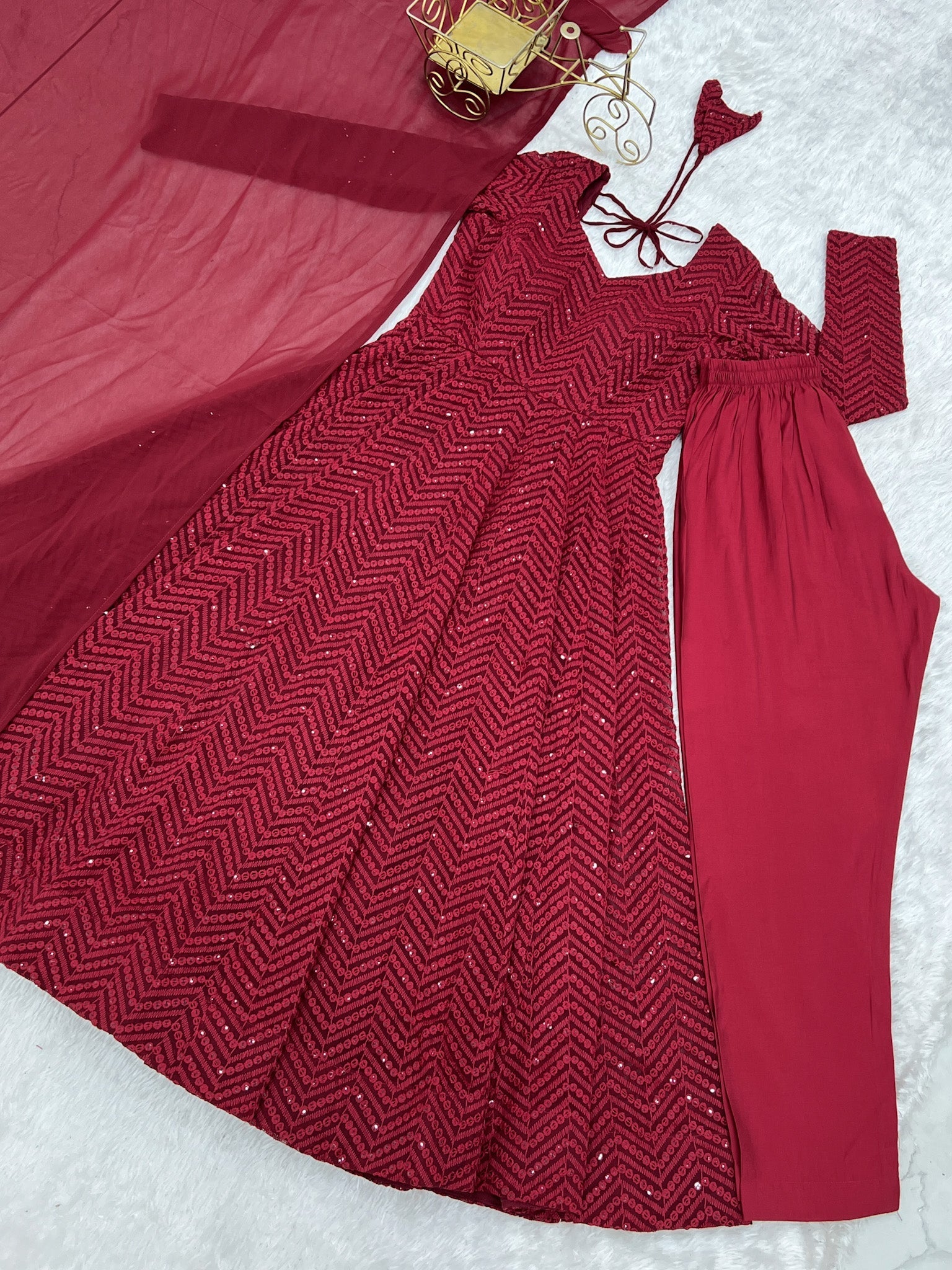 Lorenvalley Fashion Maroon Faux Georgette Lukhnowi Sequence Work Anarkali Kurta Pant With Dupatta Set 