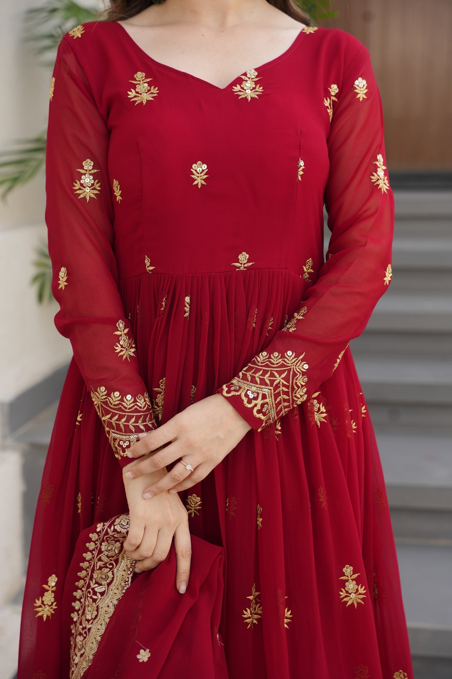Lorenvalley Fashion Maroon Faux Georgette with Zari & Sequins Embroidered Work Anarkali Gown with Dupatta 