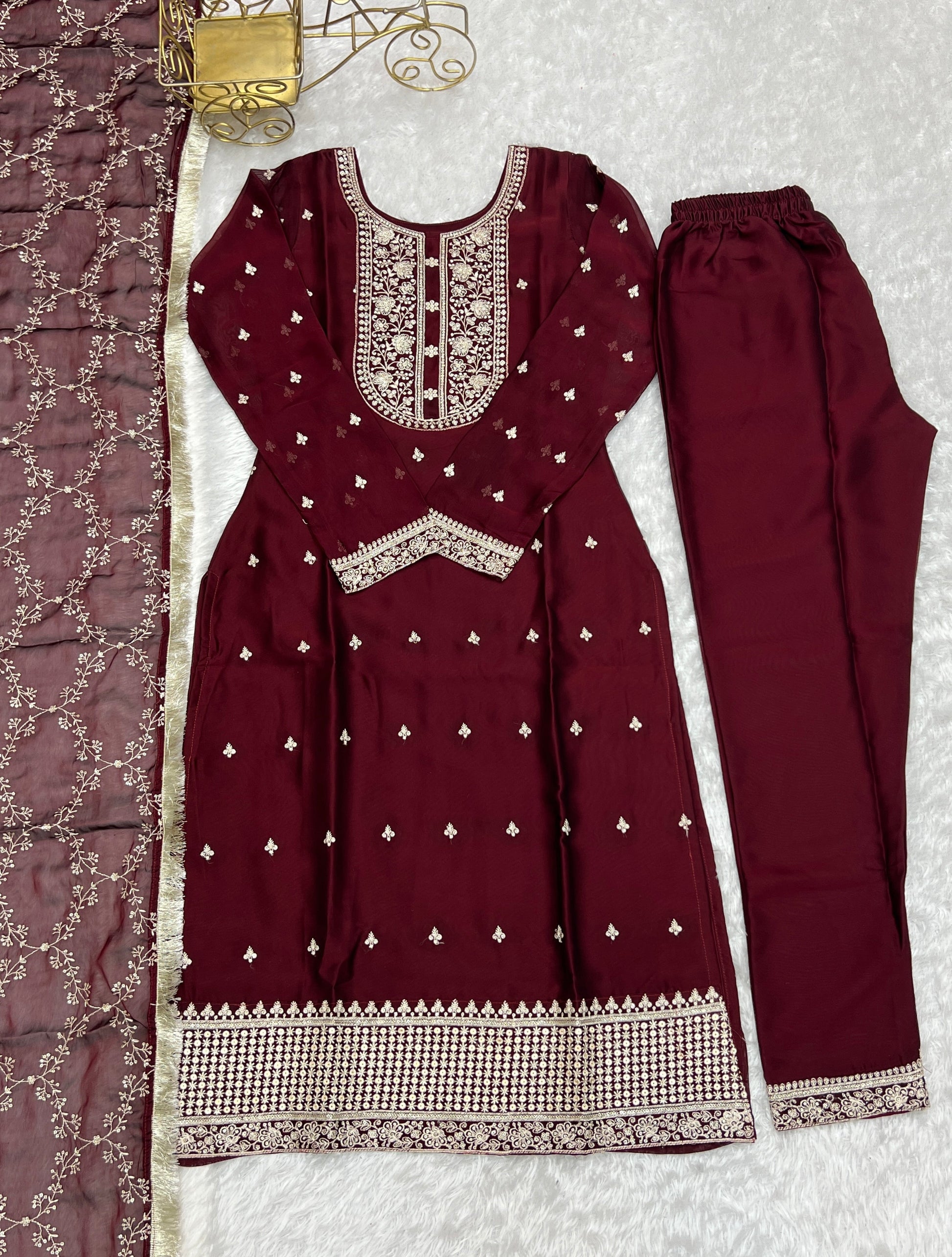 Lorenvalley Maroon Rangoli Silk Embroidery Sequence And Thread Work Kurta Trousers with Dupatta Set 