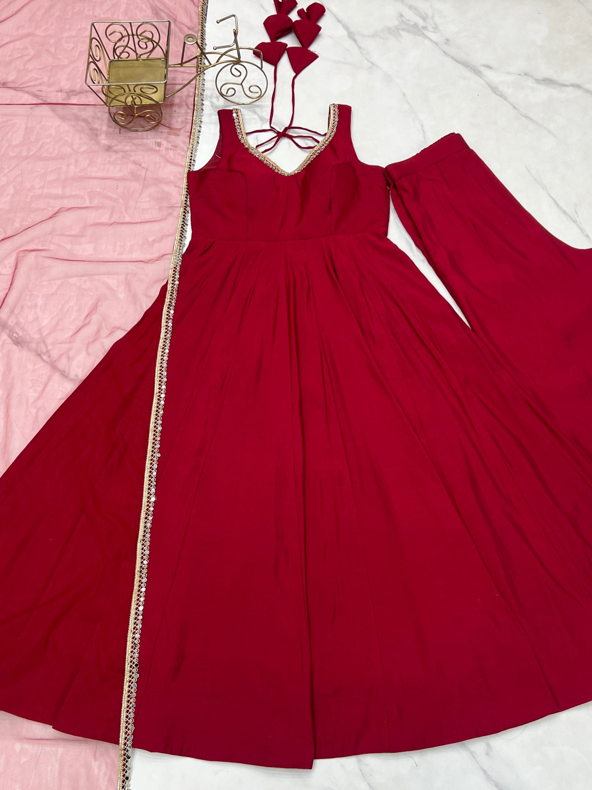 Lorenvalley Fashion Maroon Pure Romansilk Chanderi Fabric Yoke Fancy Lace Work Anarkali Kurta Pant With Dupatta Set 