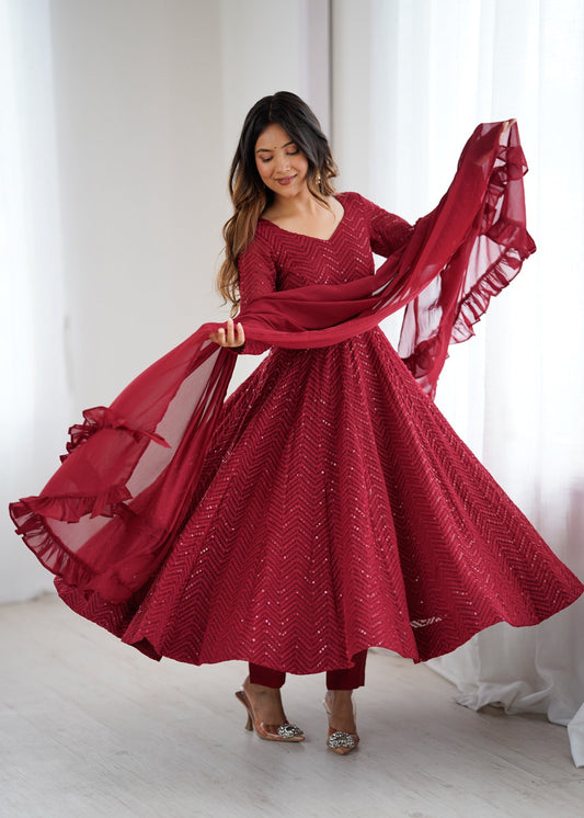 Lorenvalley Fashion Maroon Faux Georgette Lukhnowi Sequence Work Anarkali Kurta Pant With Dupatta Set 