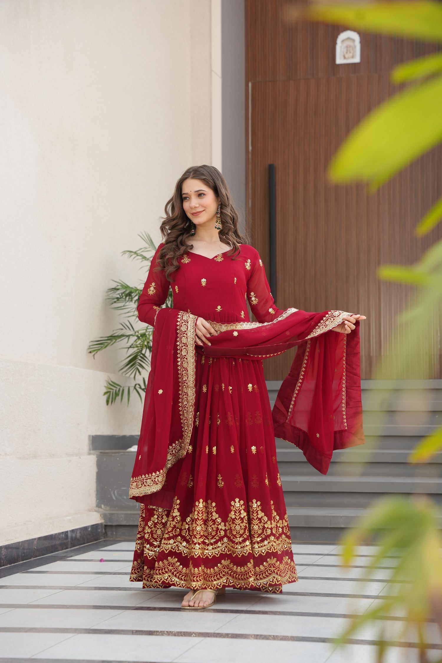 Lorenvalley Fashion Maroon Faux Georgette with Zari & Sequins Embroidered Work Anarkali Gown with Dupatta 