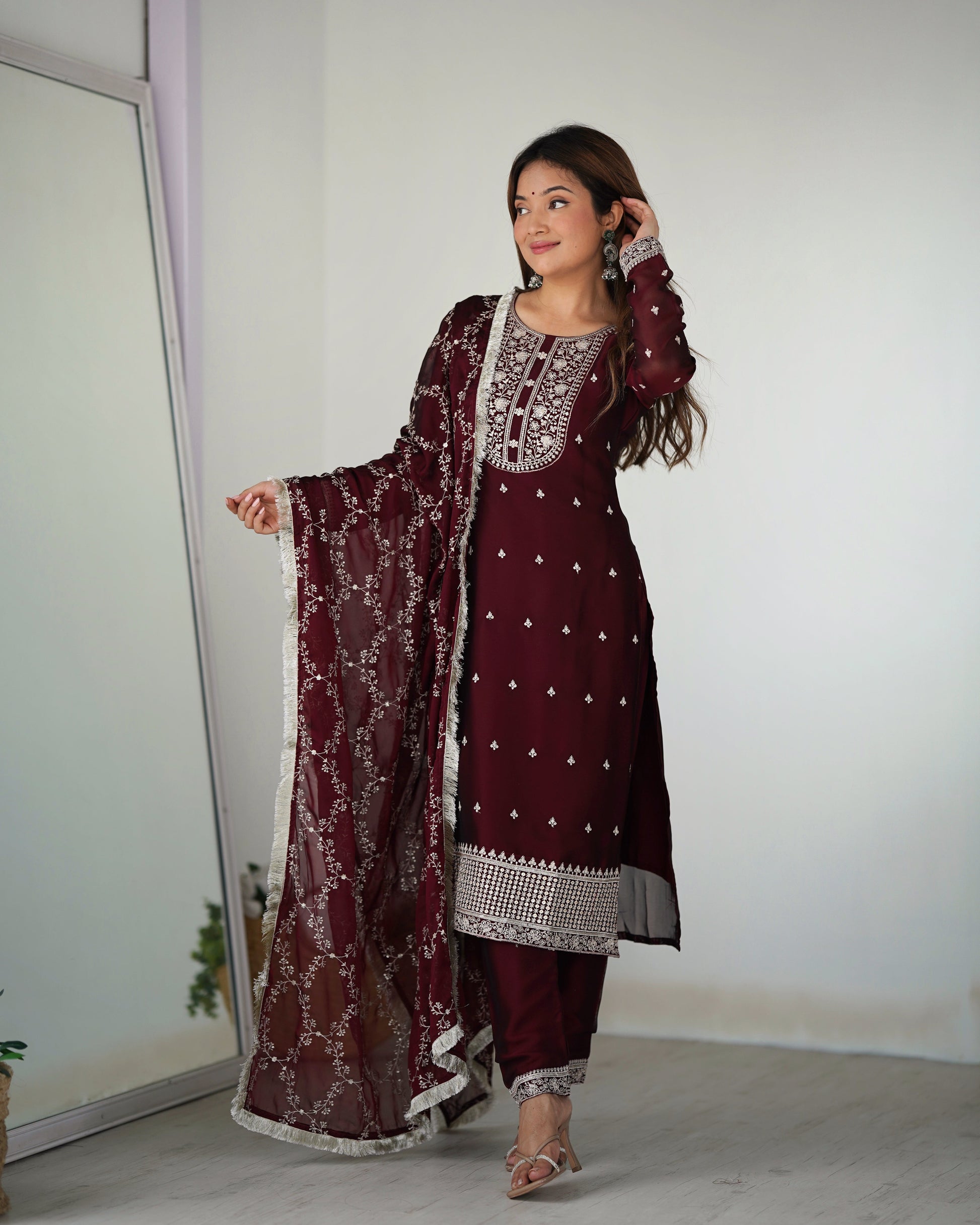 Lorenvalley Maroon Rangoli Silk Embroidery Sequence And Thread Work Kurta Trousers with Dupatta Set 