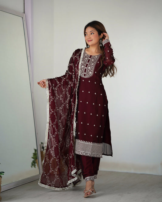 Lorenvalley Maroon Rangoli Silk Embroidery Sequence And Thread Work Kurta Trousers with Dupatta Set 