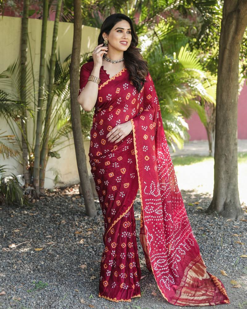 Anaita Maroon Woven Design Pure Bandhej Silk Saree With Blouse
