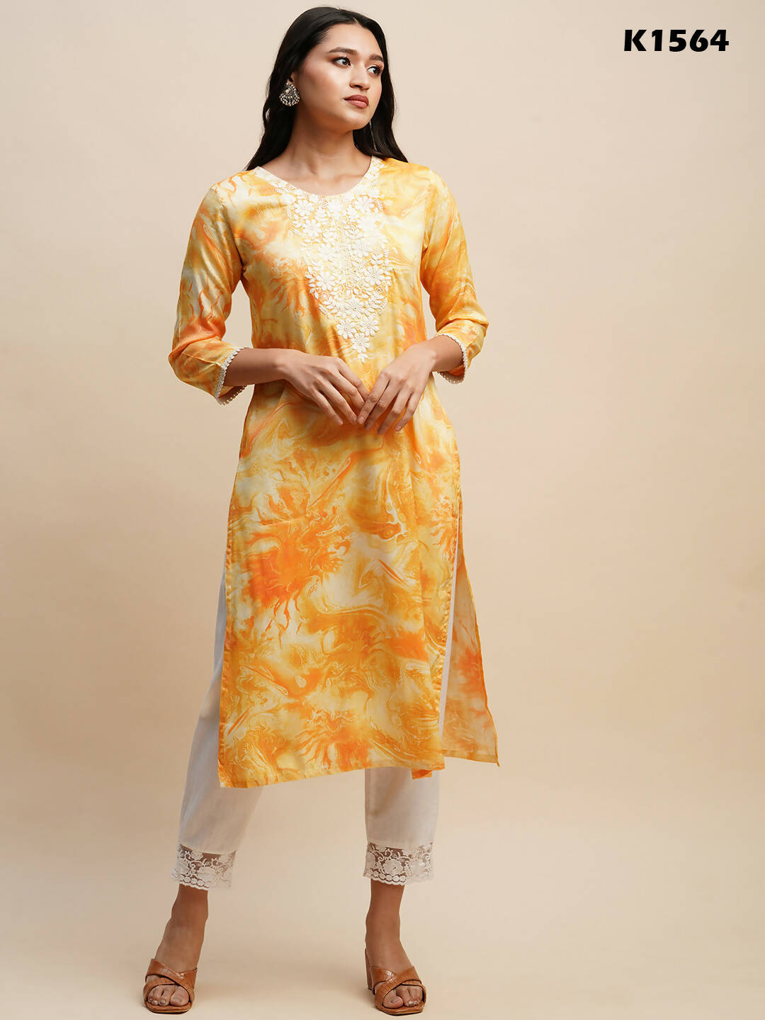 Mustard Poly Rayon Tie dye Printed Straight Kurta - Samira