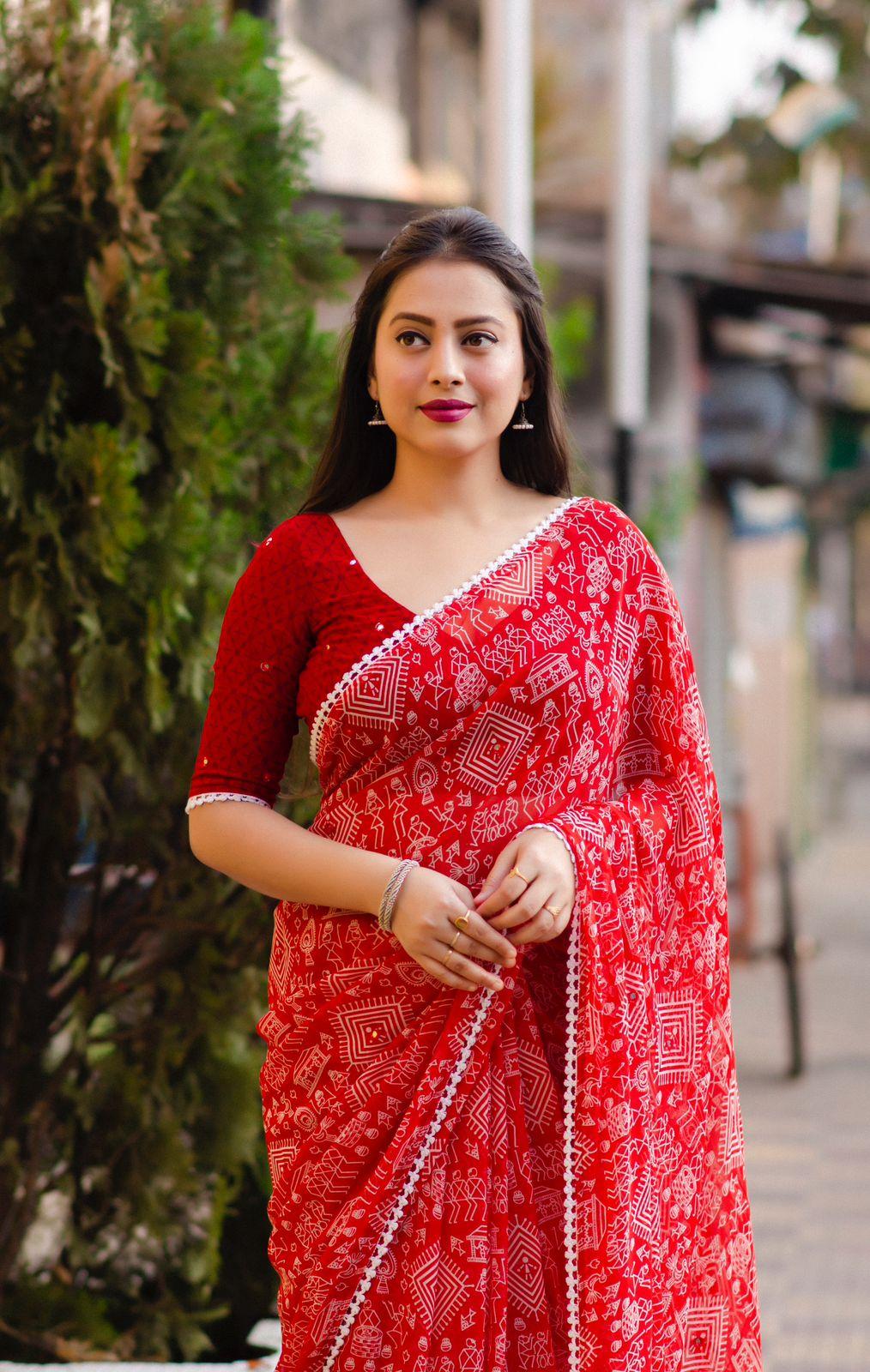 Red Poly Georgette Ethnic Motifs Saree with Unstitched Blouse - A2M