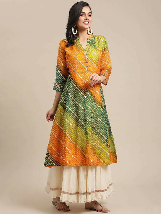 Varanga Mustard Yellow & Green Bandhani Dyed Anarkali Kurta - Grab2buy
