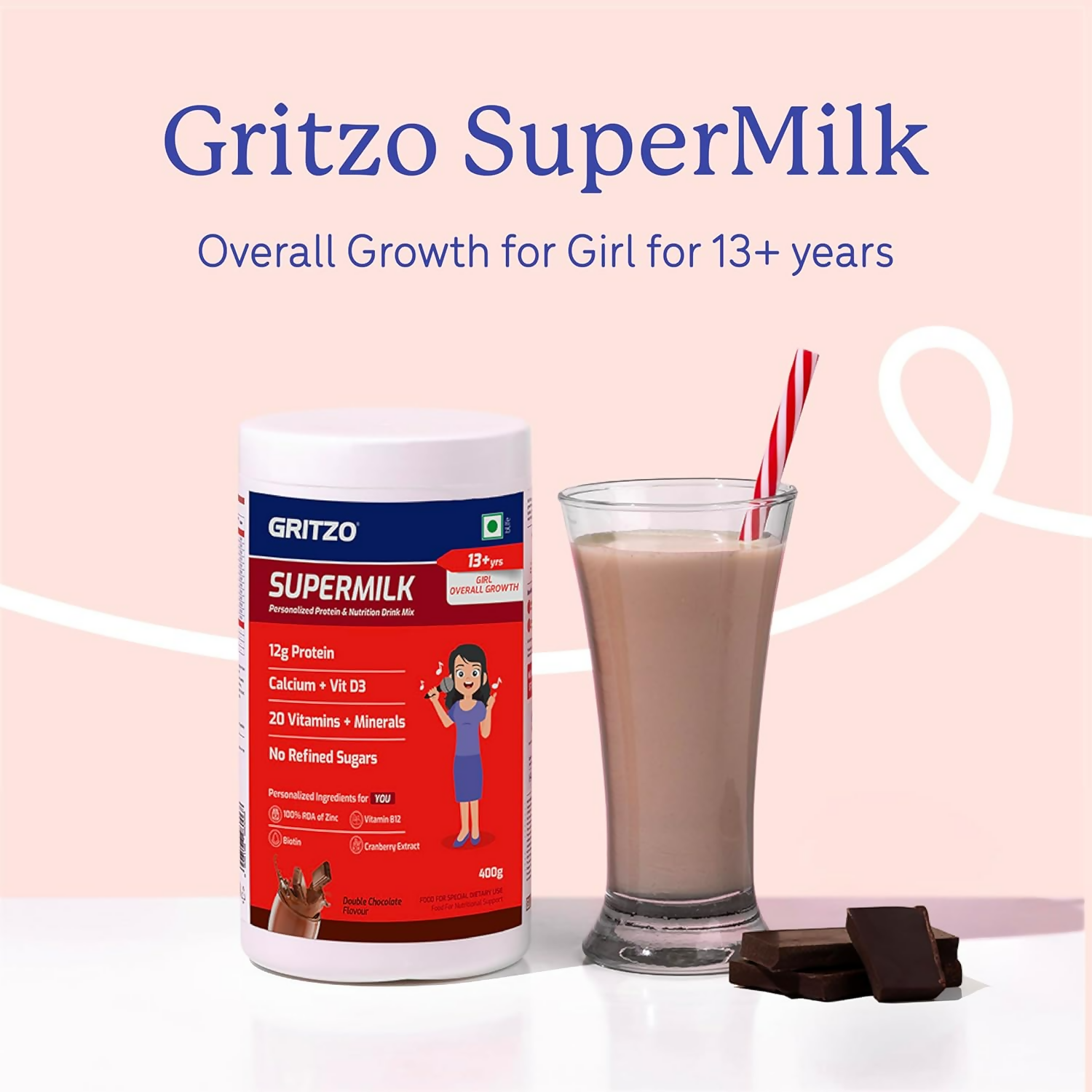 Gritzo SuperMilk Overall Growth (13+y Girls), 12g Protein Powder (Double Chocolate)