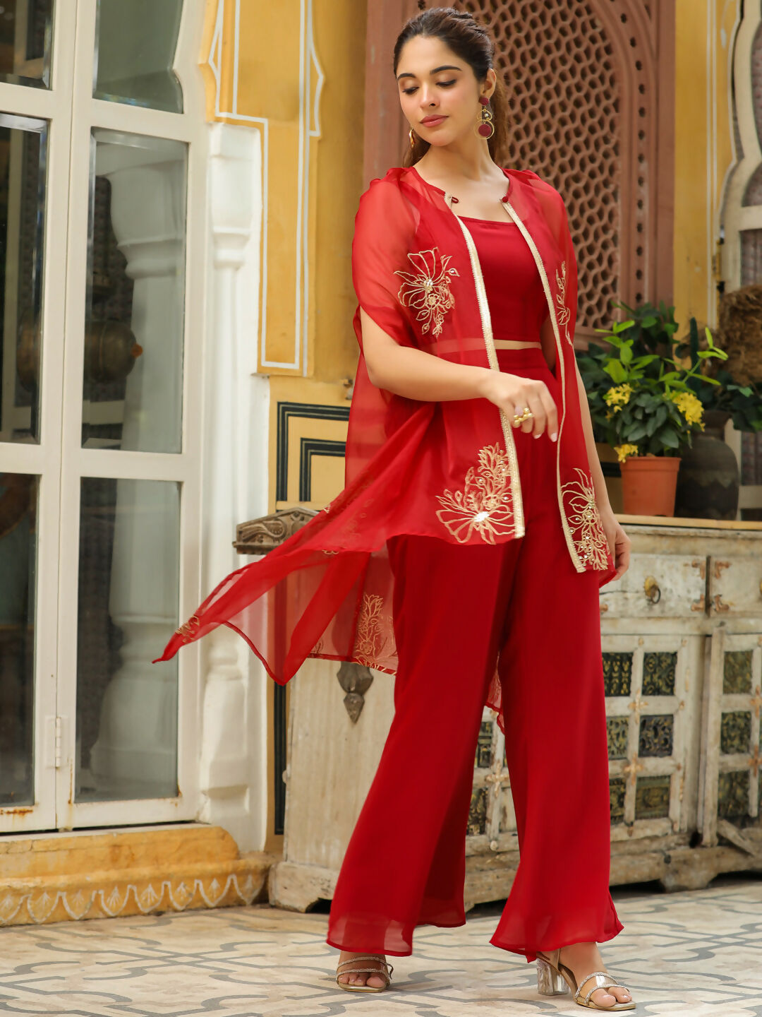 Janasya Maroon Georgette Solid Top Bottom Cape 