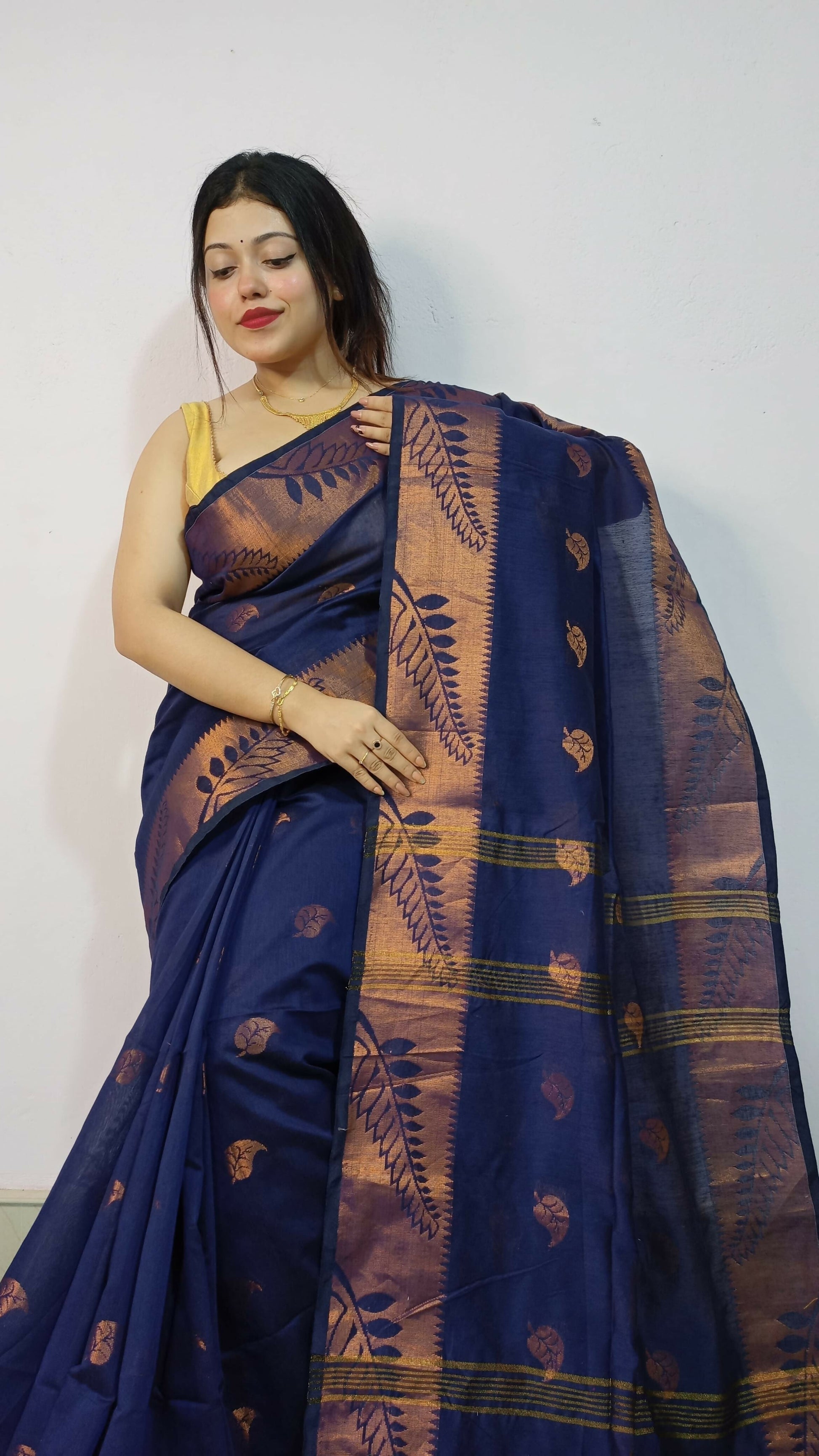 Exclusive Collection Beautiful Navy Blue Cotton Silk Woven Handloom Grab2Buy With Running Blouse Piece 
