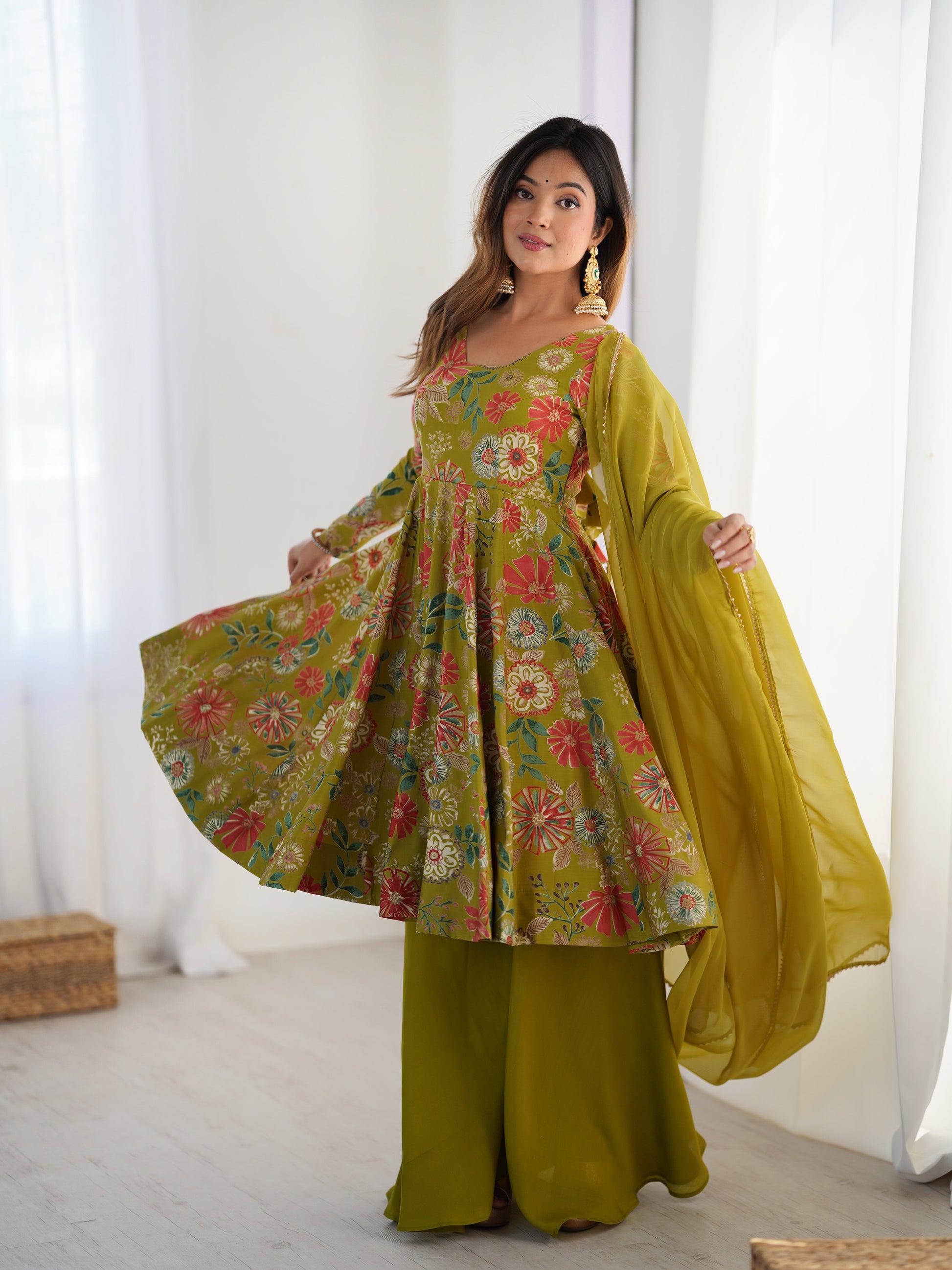 Lorenvalley Women Pure Soft Roman silk Chanderi Discharge Print Fabric Kediya Kurta Palazzo with Dupatta Set 