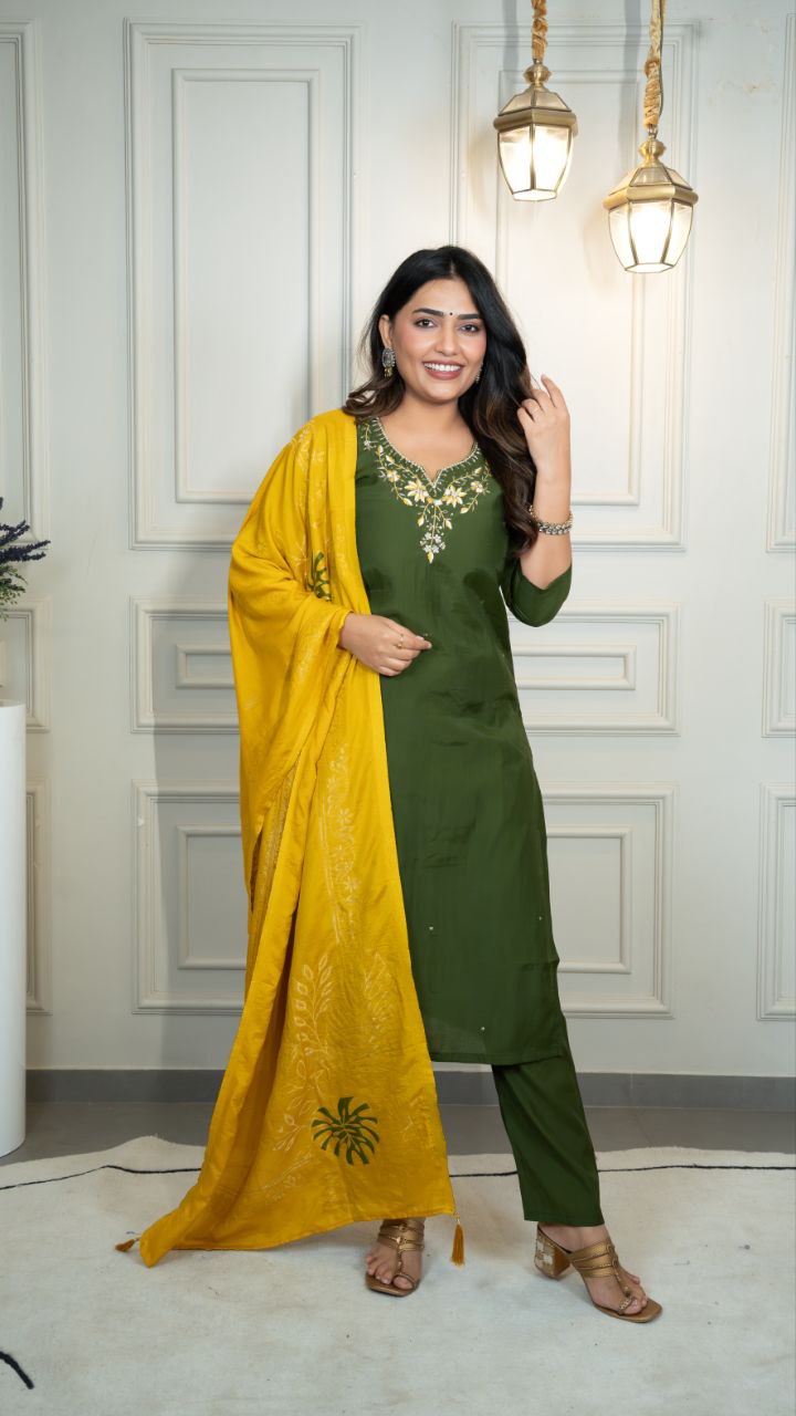 Lorenvalley Fashion Mahendi Roman Silk Hand Work Kurta Pant with Dupatta 