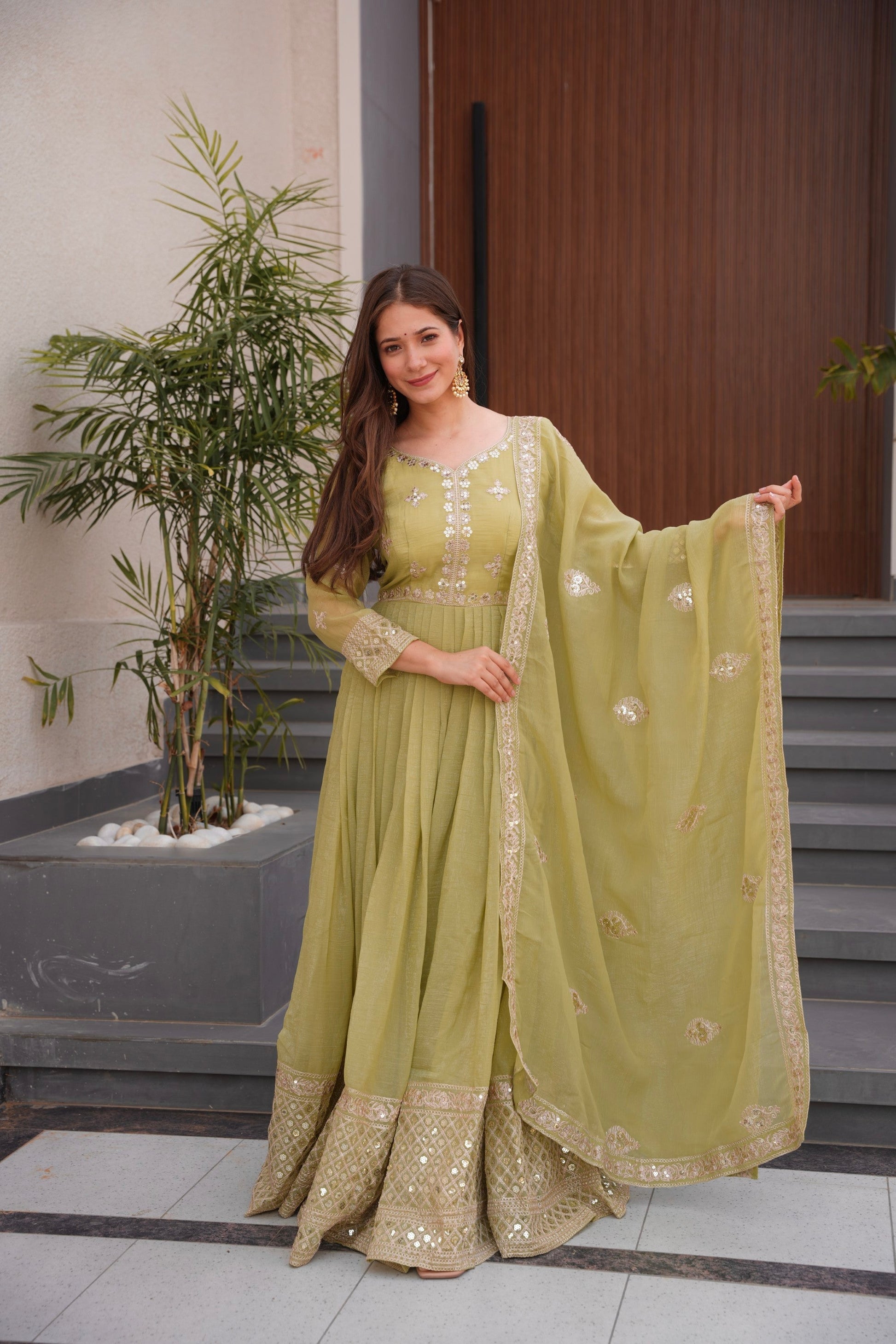 Lorenvalley Fashion Mehendi Crunchy Silk with Embroidery Codding & Sequins Work Anarkali Gown with Dupatta 