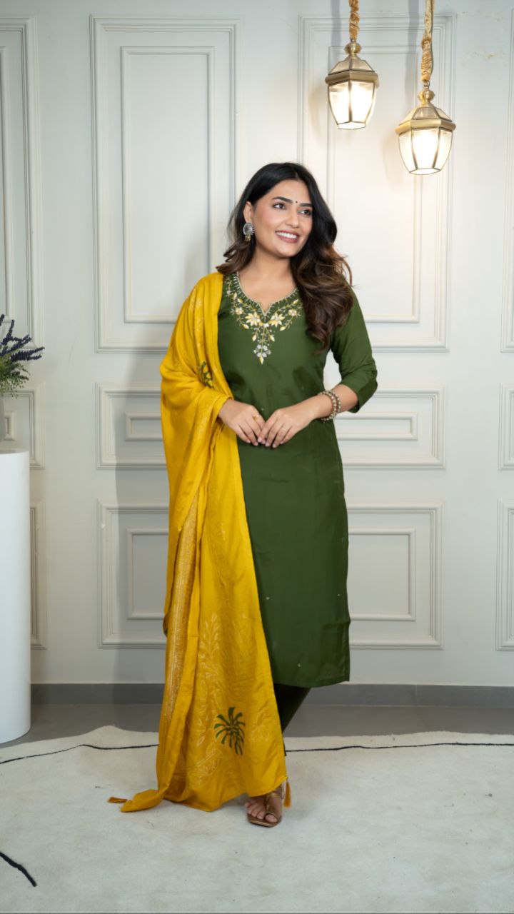 Lorenvalley Fashion Mahendi Roman Silk Hand Work Kurta Pant with Dupatta 