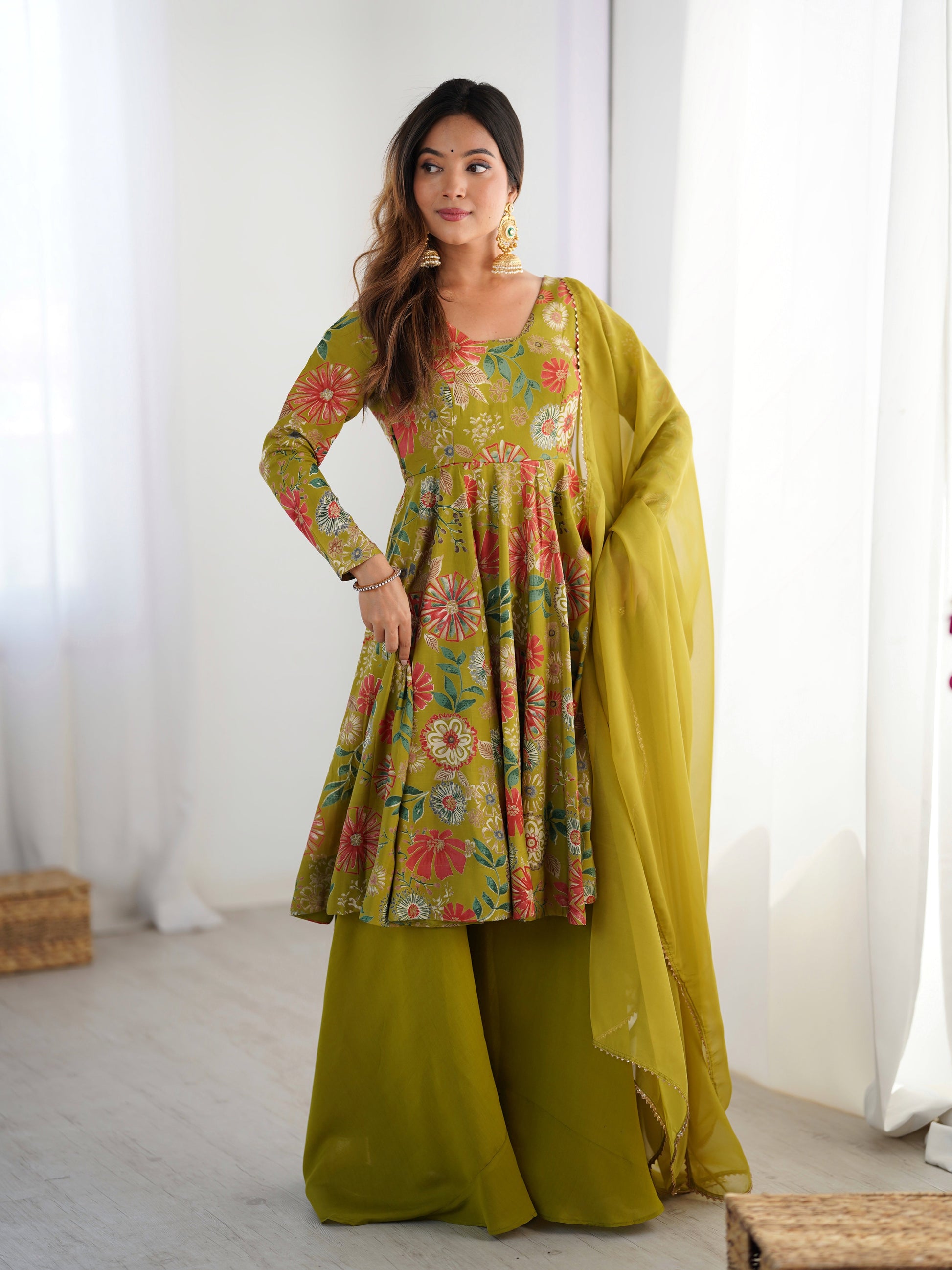 Lorenvalley Women Pure Soft Roman silk Chanderi Discharge Print Fabric Kediya Kurta Palazzo with Dupatta Set 