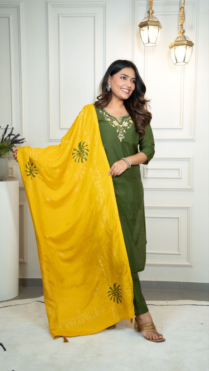 Lorenvalley Fashion Mahendi Roman Silk Hand Work Kurta Pant with Dupatta 