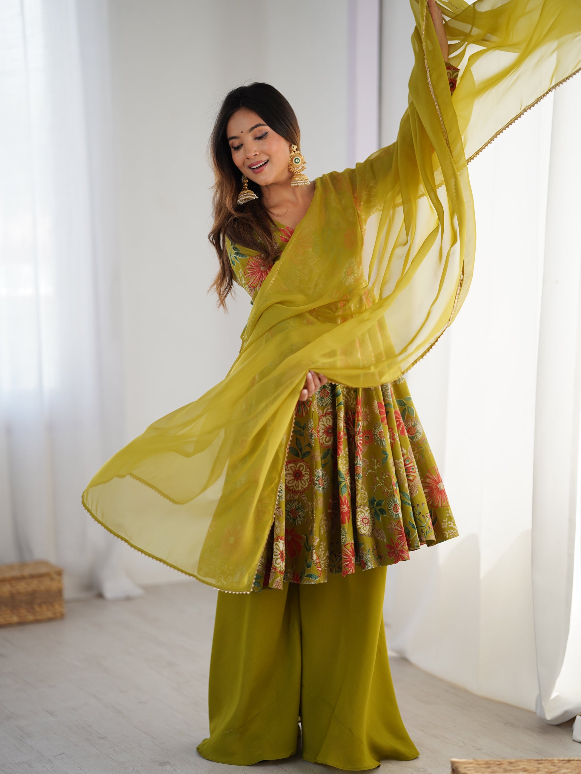 Lorenvalley Women Pure Soft Roman silk Chanderi Discharge Print Fabric Kediya Kurta Palazzo with Dupatta Set 
