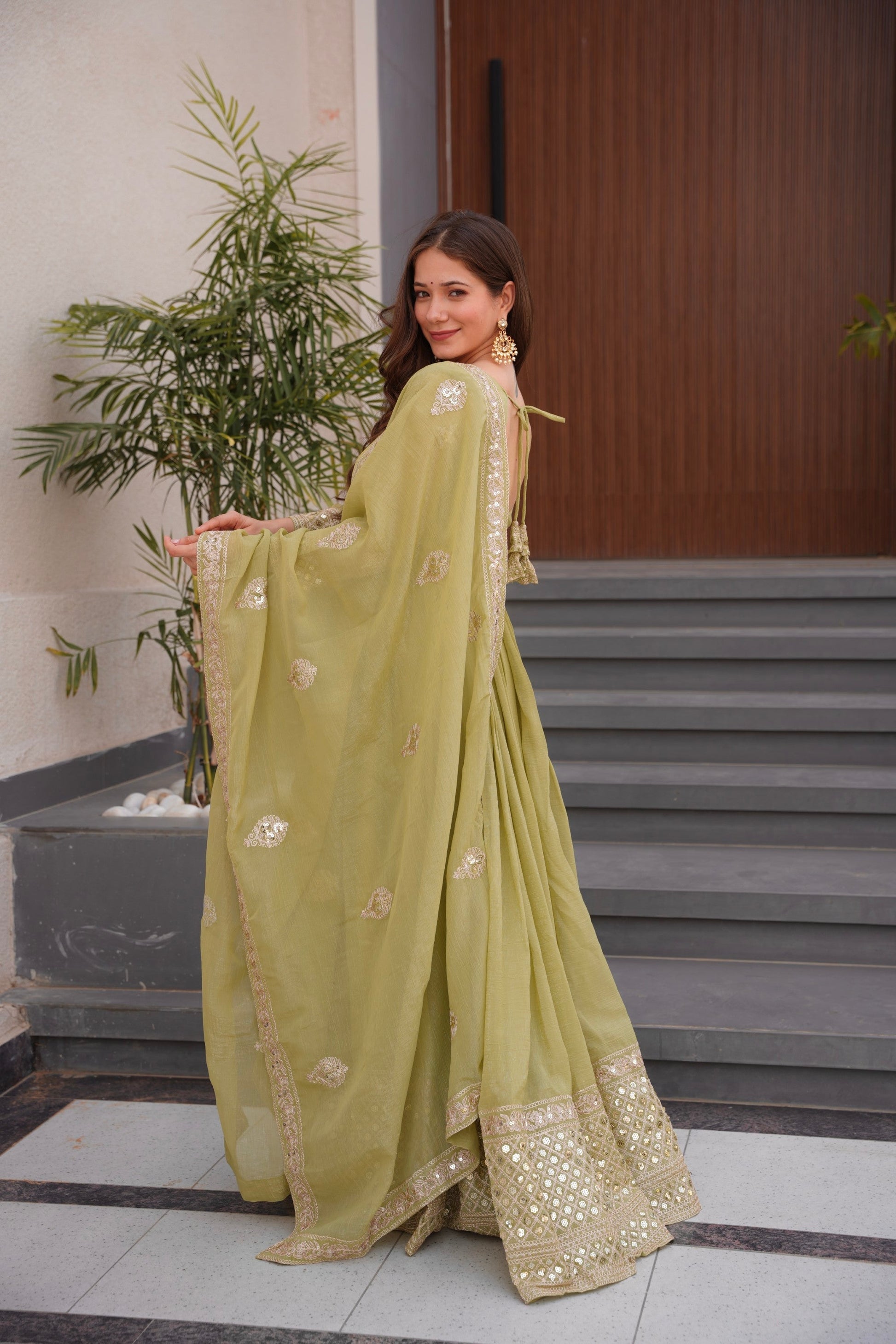 Lorenvalley Fashion Mehendi Crunchy Silk with Embroidery Codding & Sequins Work Anarkali Gown with Dupatta 