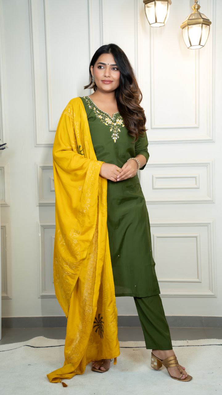 Lorenvalley Fashion Mahendi Roman Silk Hand Work Kurta Pant with Dupatta 