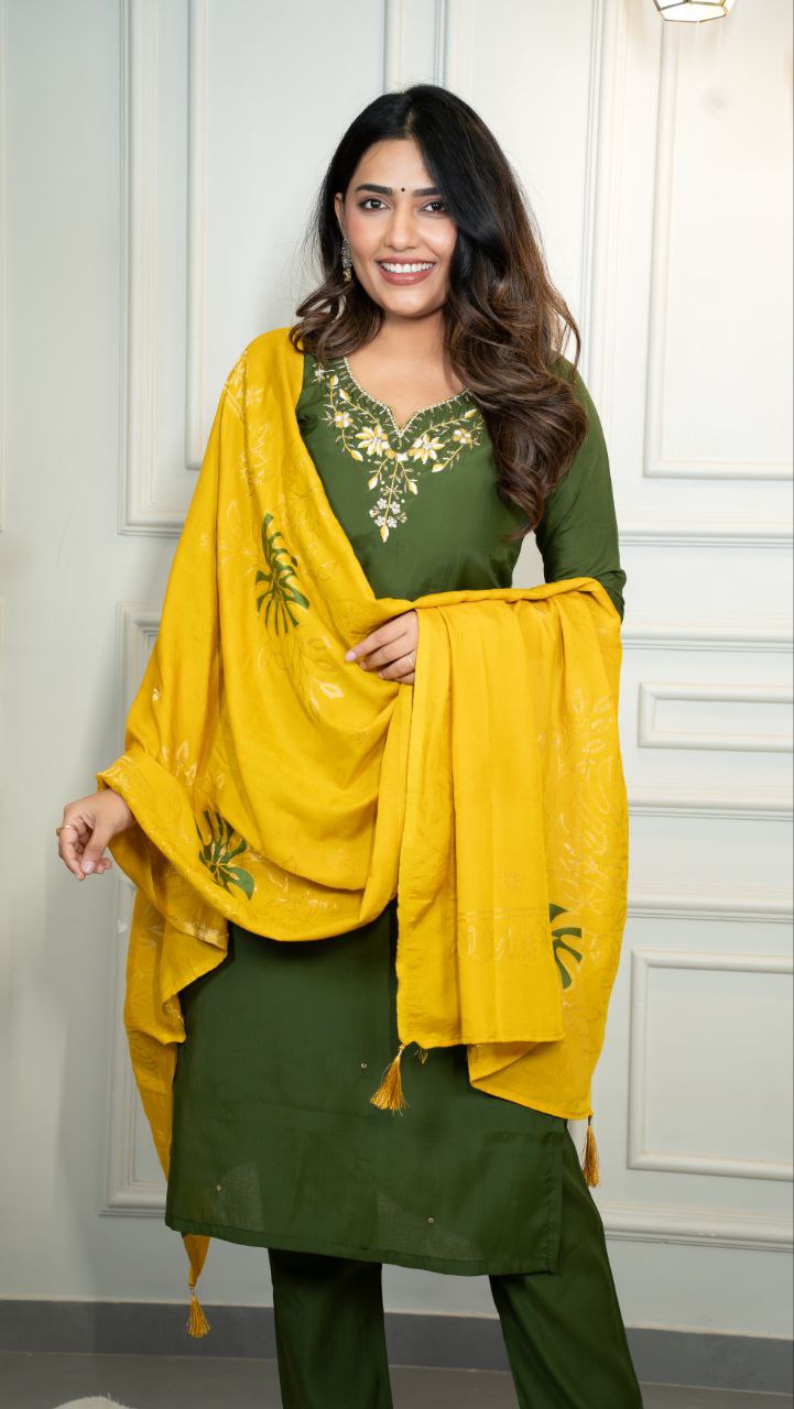 Lorenvalley Fashion Mahendi Roman Silk Hand Work Kurta Pant with Dupatta 
