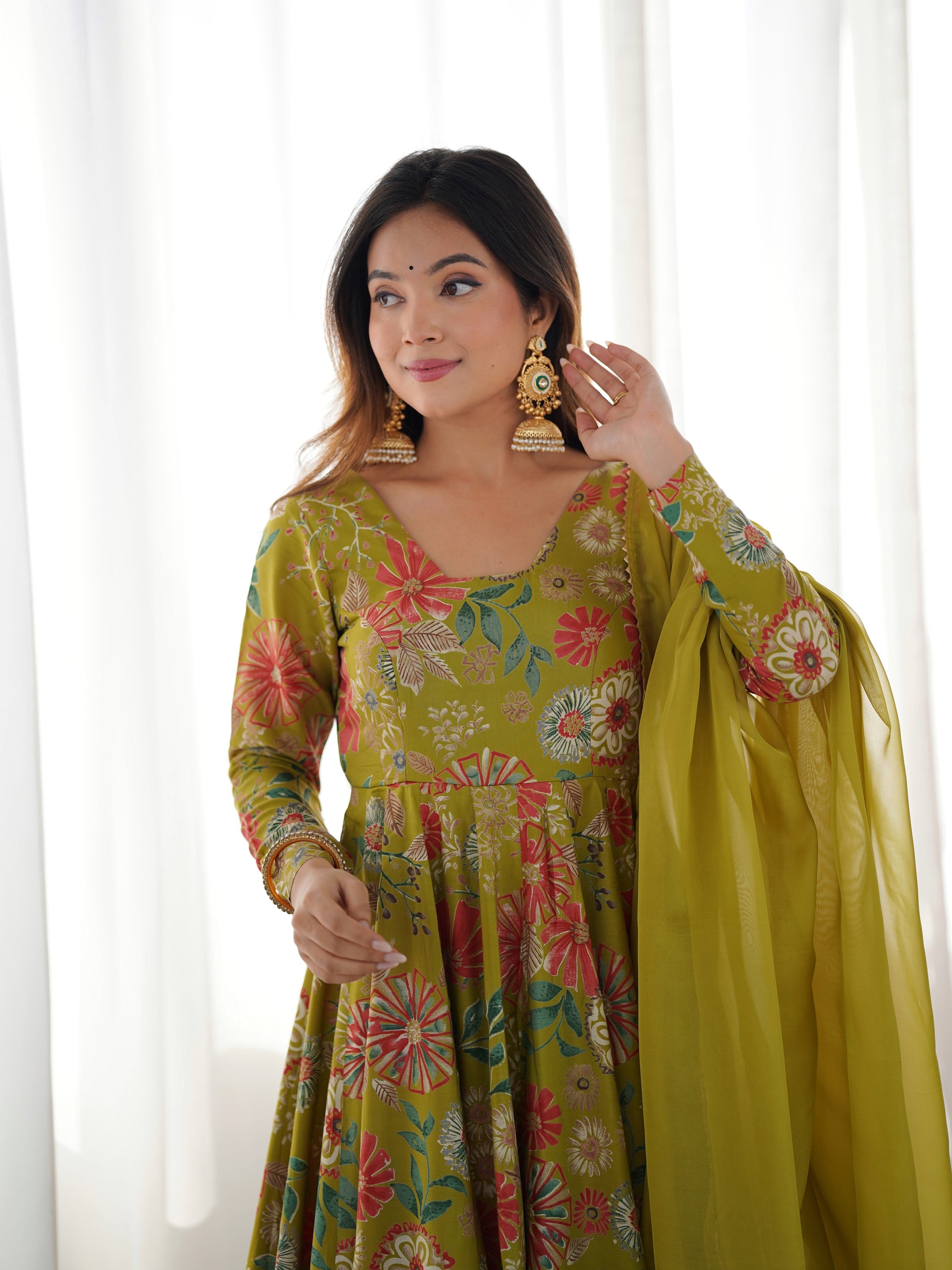 Lorenvalley Women Pure Soft Roman silk Chanderi Discharge Print Fabric Kediya Kurta Palazzo with Dupatta Set 