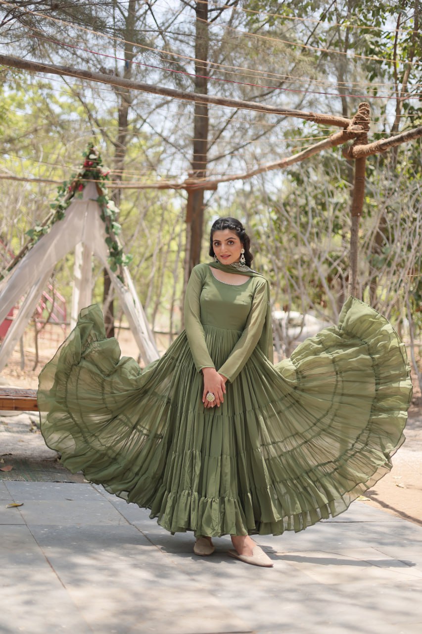 Evanik Mehendi Faux Blooming Gown With Dupatta With Rich Sequins Embroidered work