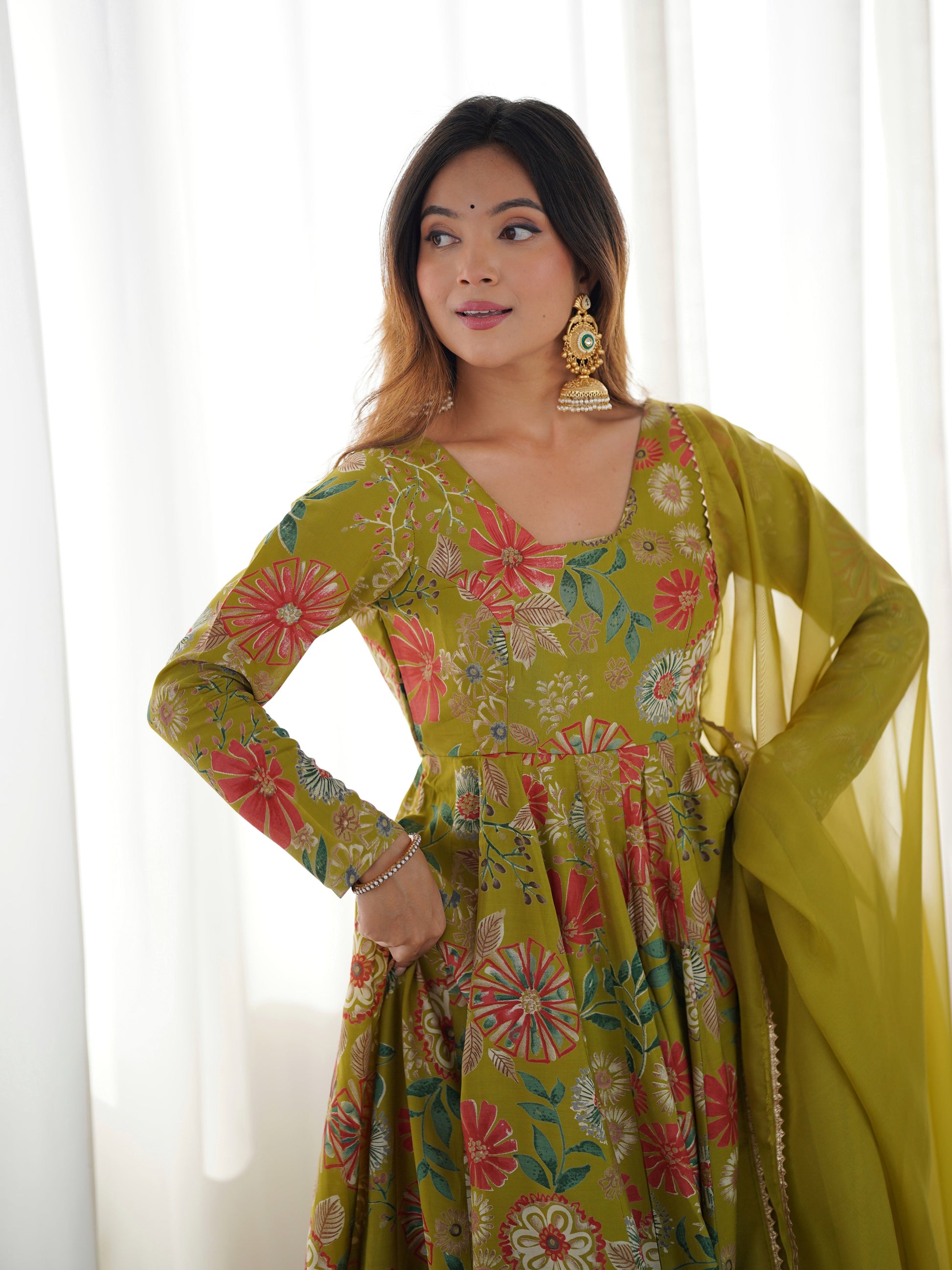 Lorenvalley Women Pure Soft Roman silk Chanderi Discharge Print Fabric Kediya Kurta Palazzo with Dupatta Set 