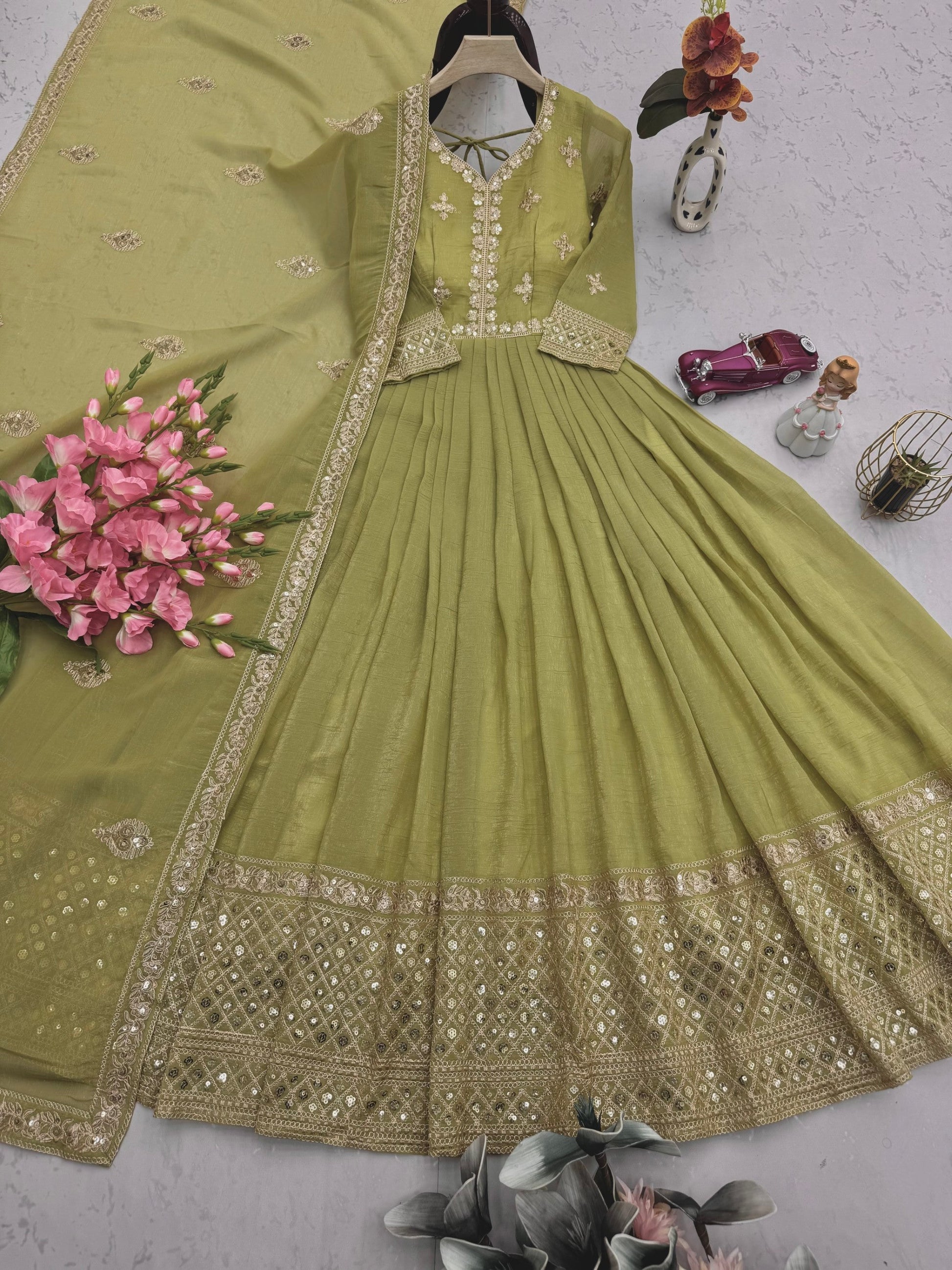 Lorenvalley Fashion Mehendi Crunchy Silk with Embroidery Codding & Sequins Work Anarkali Gown with Dupatta 