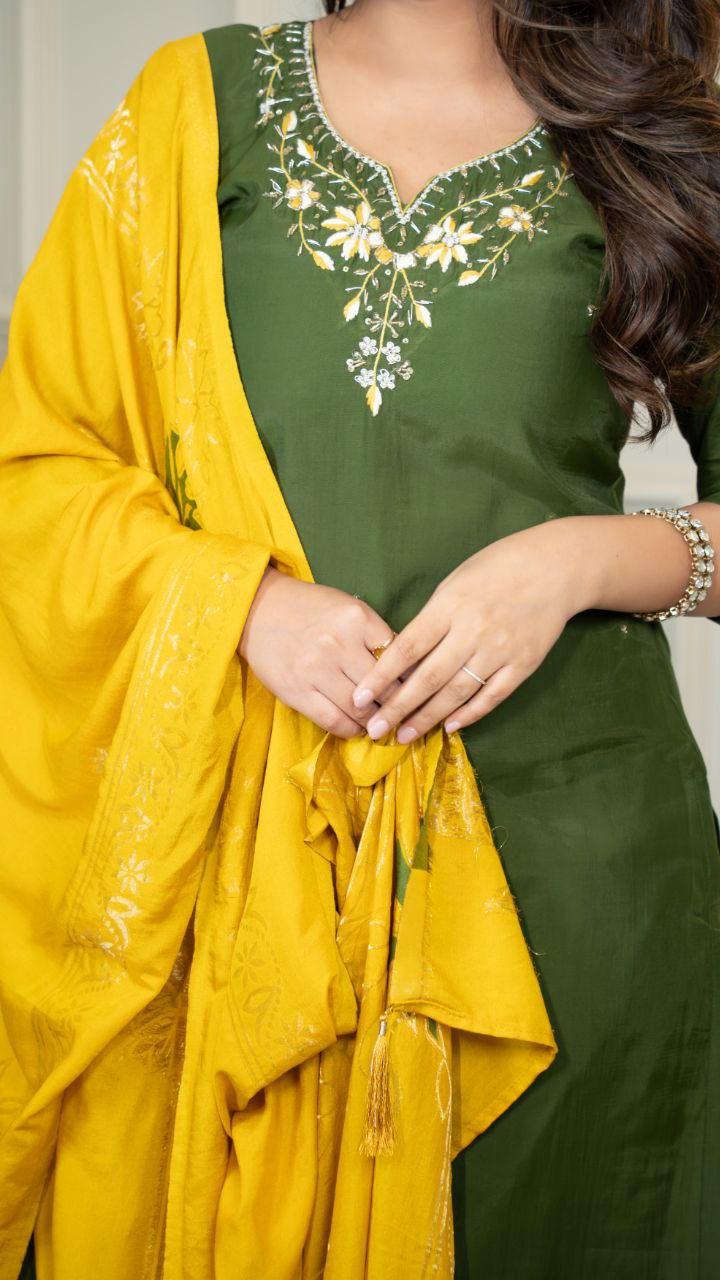 Lorenvalley Fashion Mahendi Roman Silk Hand Work Kurta Pant with Dupatta 