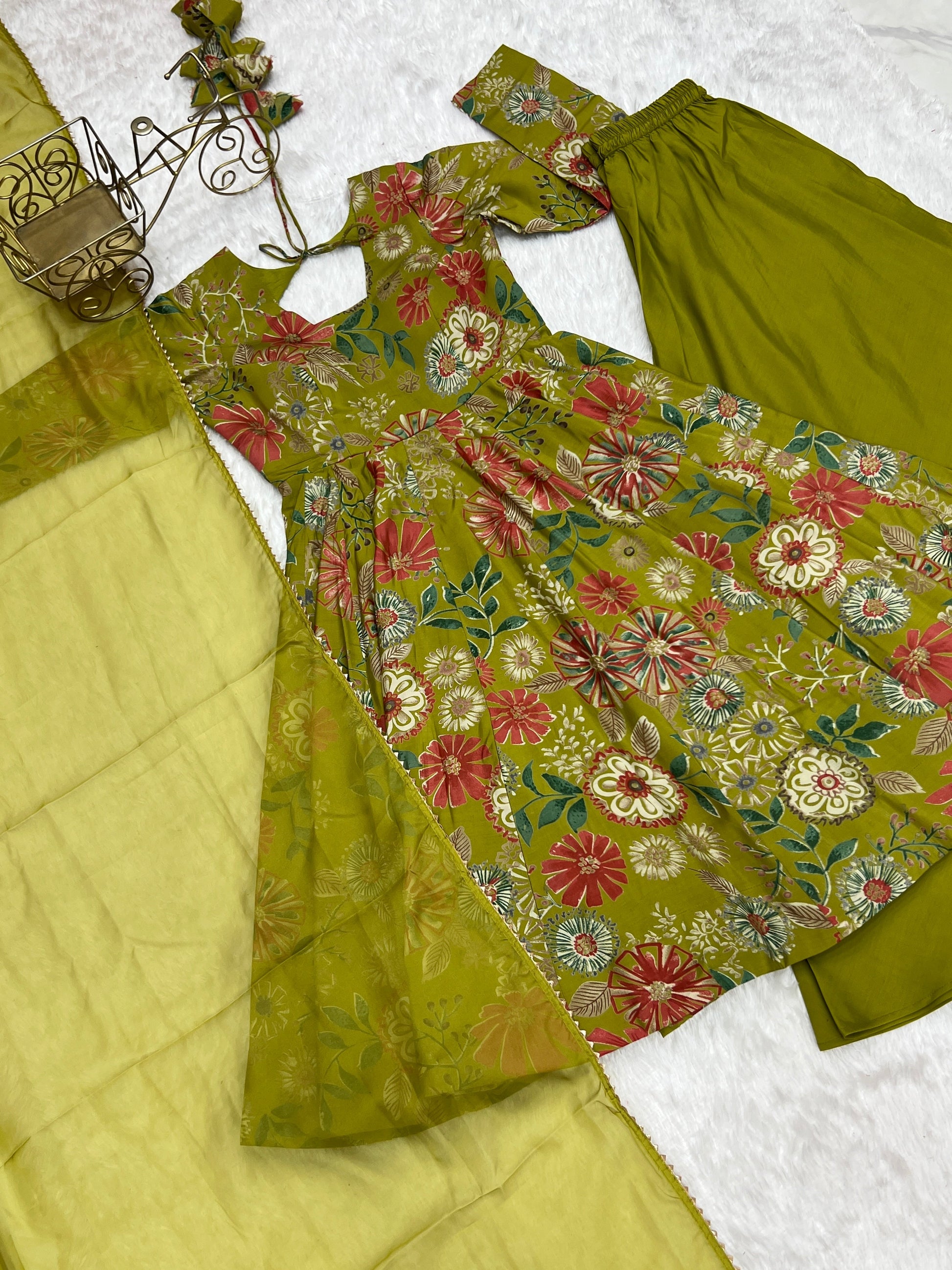 Lorenvalley Women Pure Soft Roman silk Chanderi Discharge Print Fabric Kediya Kurta Palazzo with Dupatta Set 