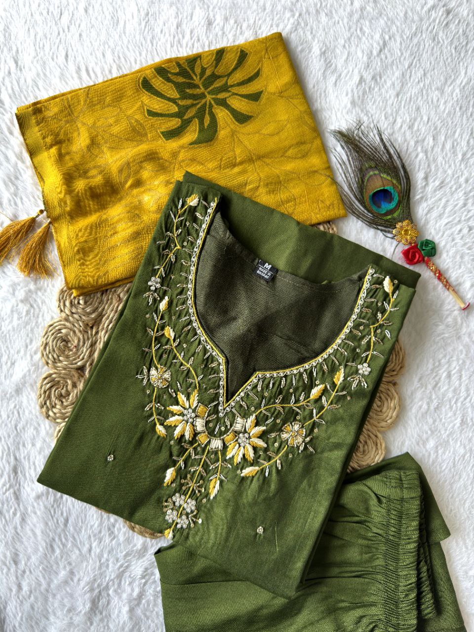 Lorenvalley Fashion Mahendi Roman Silk Hand Work Kurta Pant with Dupatta 