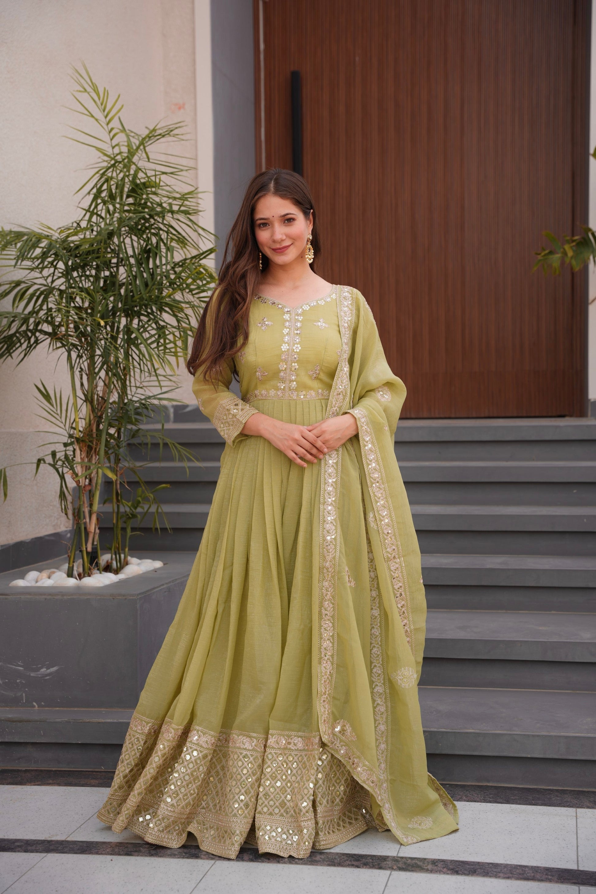 Lorenvalley Fashion Mehendi Crunchy Silk with Embroidery Codding & Sequins Work Anarkali Gown with Dupatta 