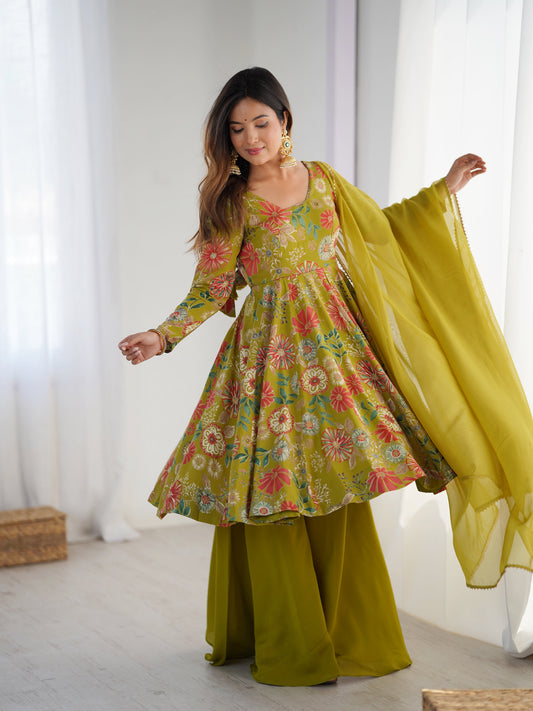 Lorenvalley Women Pure Soft Roman silk Chanderi Discharge Print Fabric Kediya Kurta Palazzo with Dupatta Set 