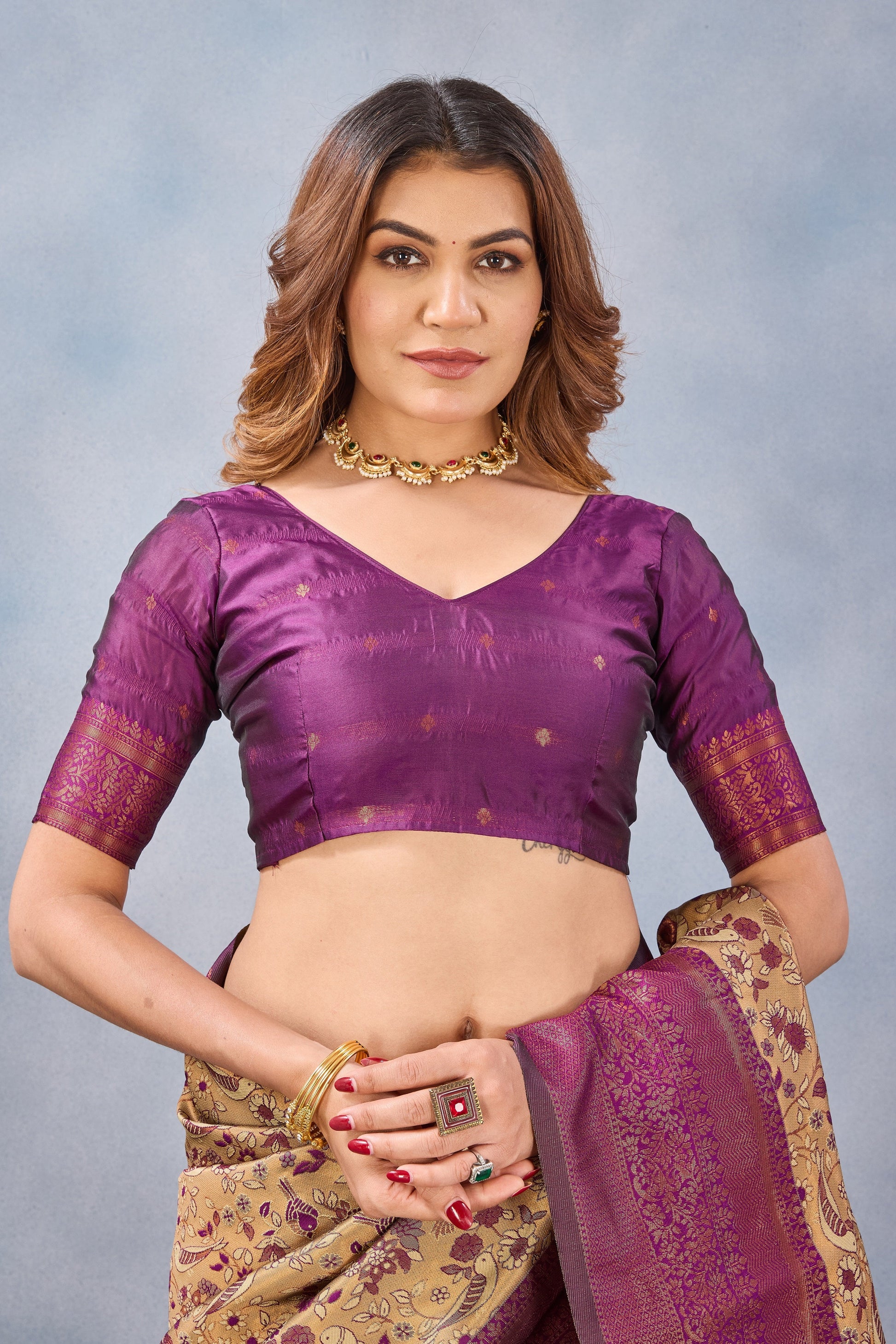 Divine International Trading Co Beige Wine Soft Silk Blend Banarasi Jacuard Work Designer Party Wear Saree With Unstitched Blouse Piece