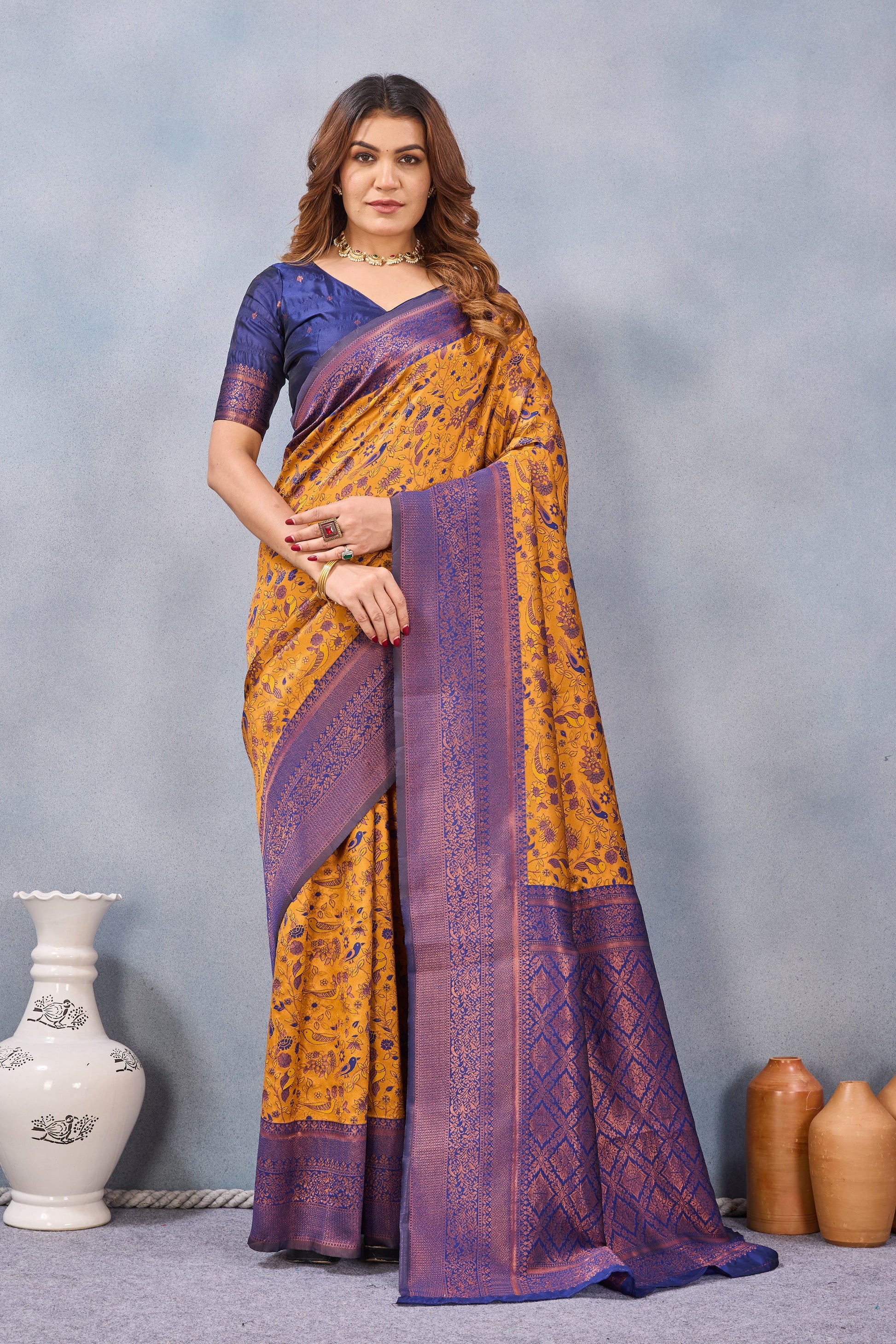 Divine International Trading Co Mustard Blue Soft Silk Blend Banarasi Jacuard Work Designer Party Wear Saree With Unstitched Blouse Piece