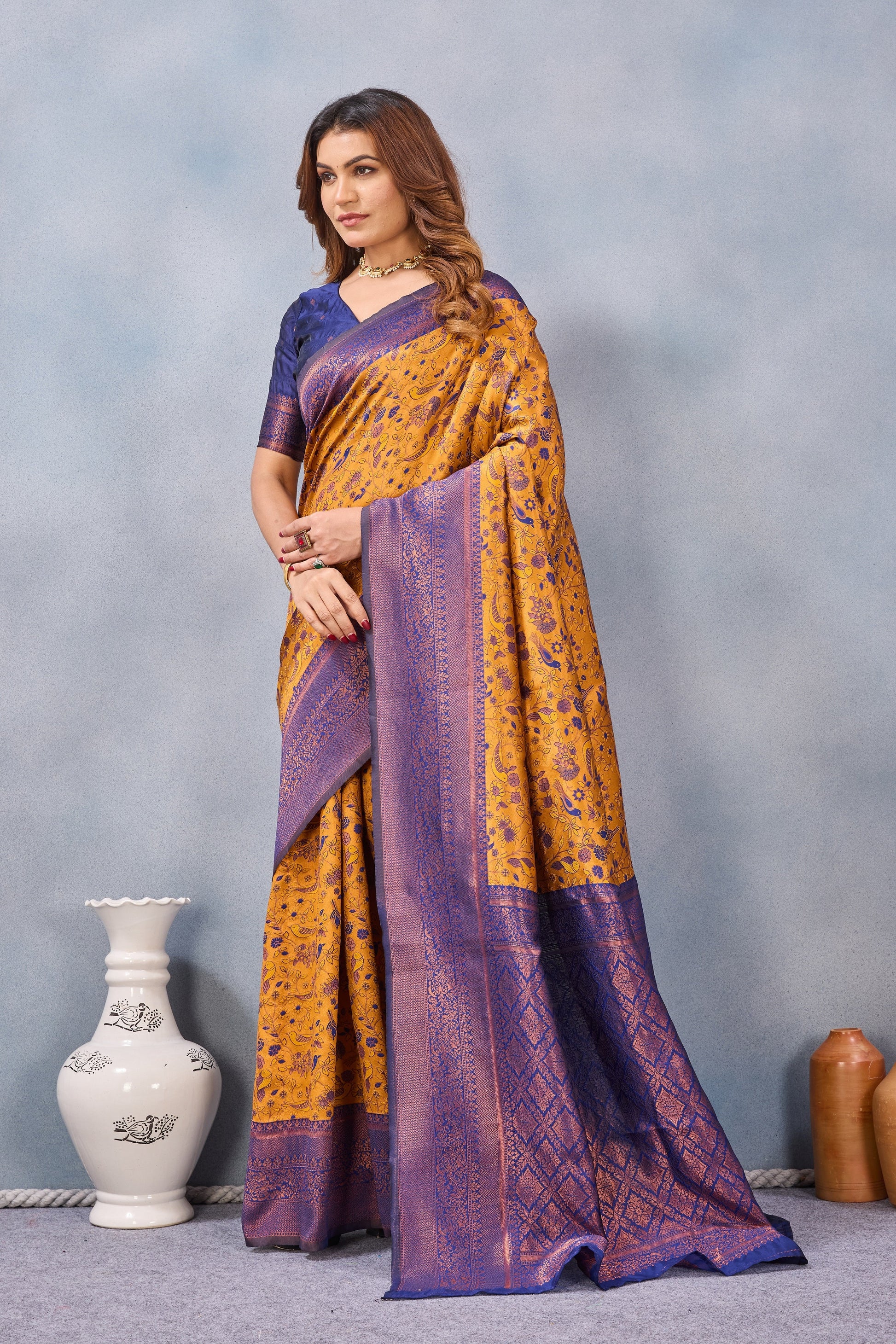 Divine International Trading Co Mustard Blue Soft Silk Blend Banarasi Jacuard Work Designer Party Wear Saree With Unstitched Blouse Piece